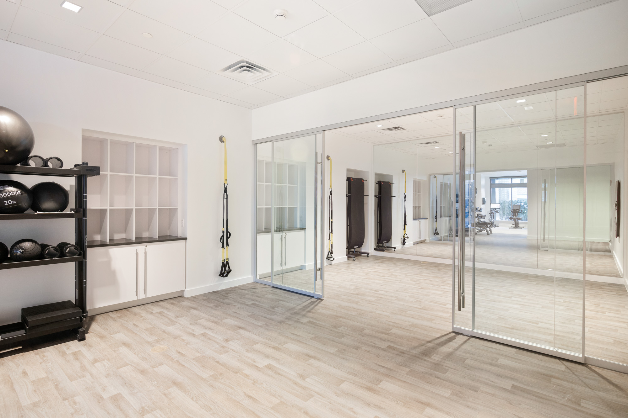 Fitness center studio space at 100 Landsdowne Street Apartments