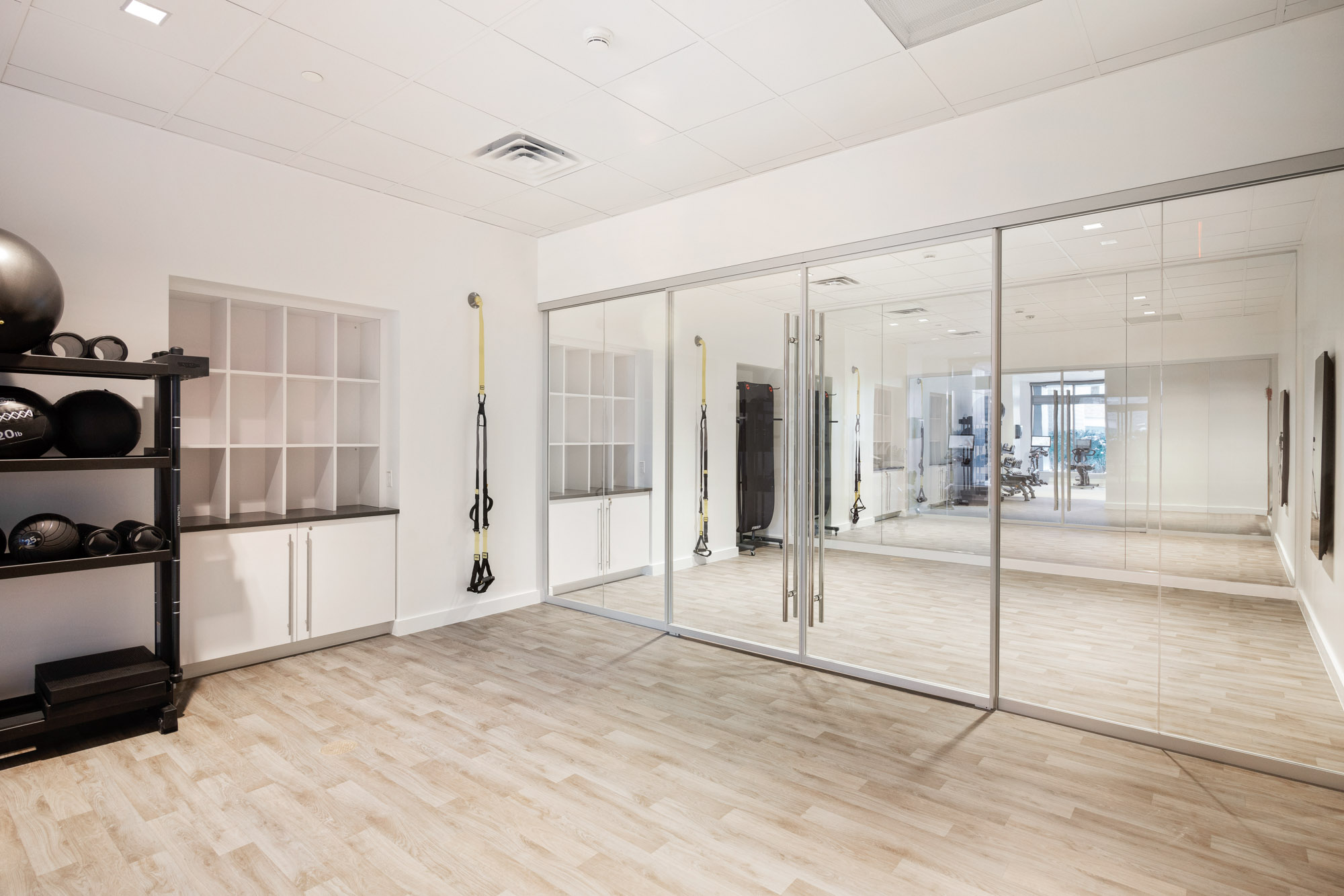 Fitness center studio space at 100 Landsdowne Street Apartments