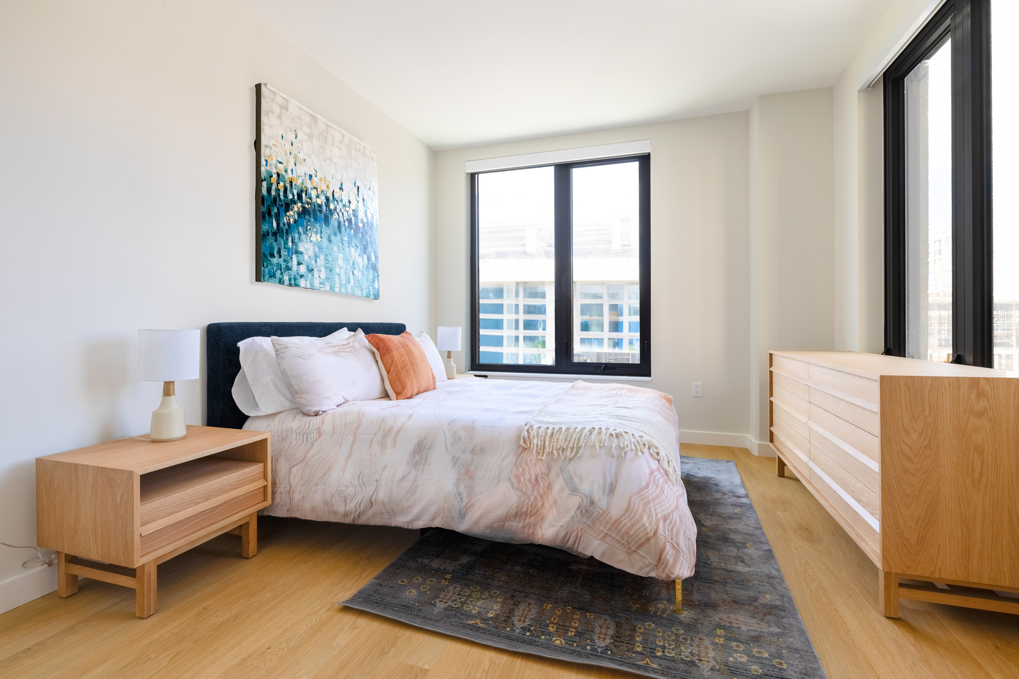 The bedroom in a Vela apartment in The Yards in Washington, DC.