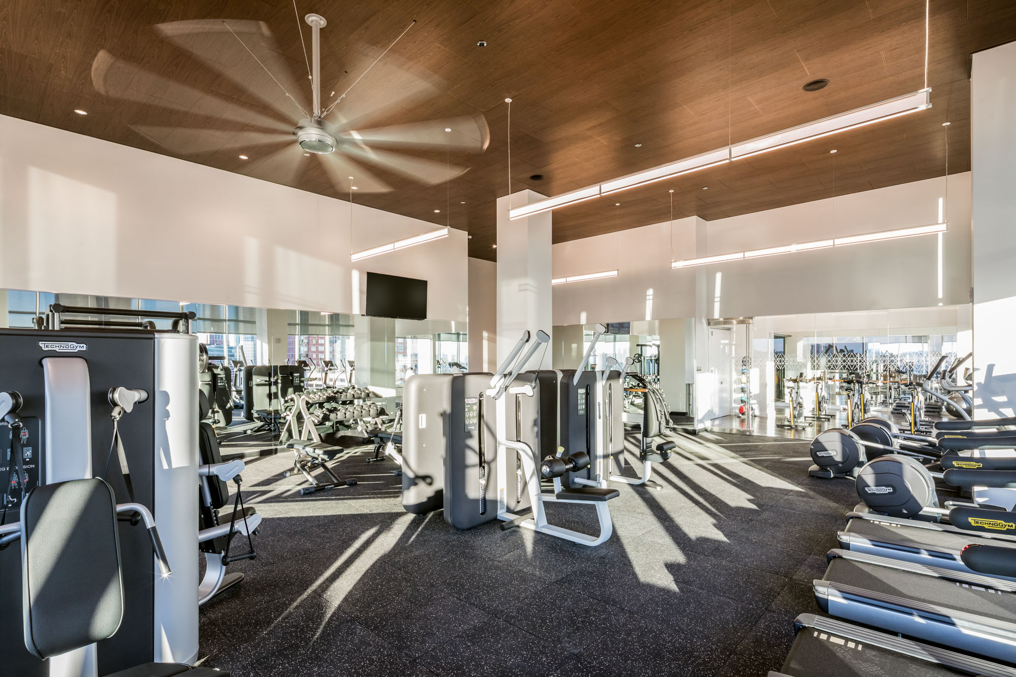 The fitness center at VYV apartments in Jersey City, New Jersey.