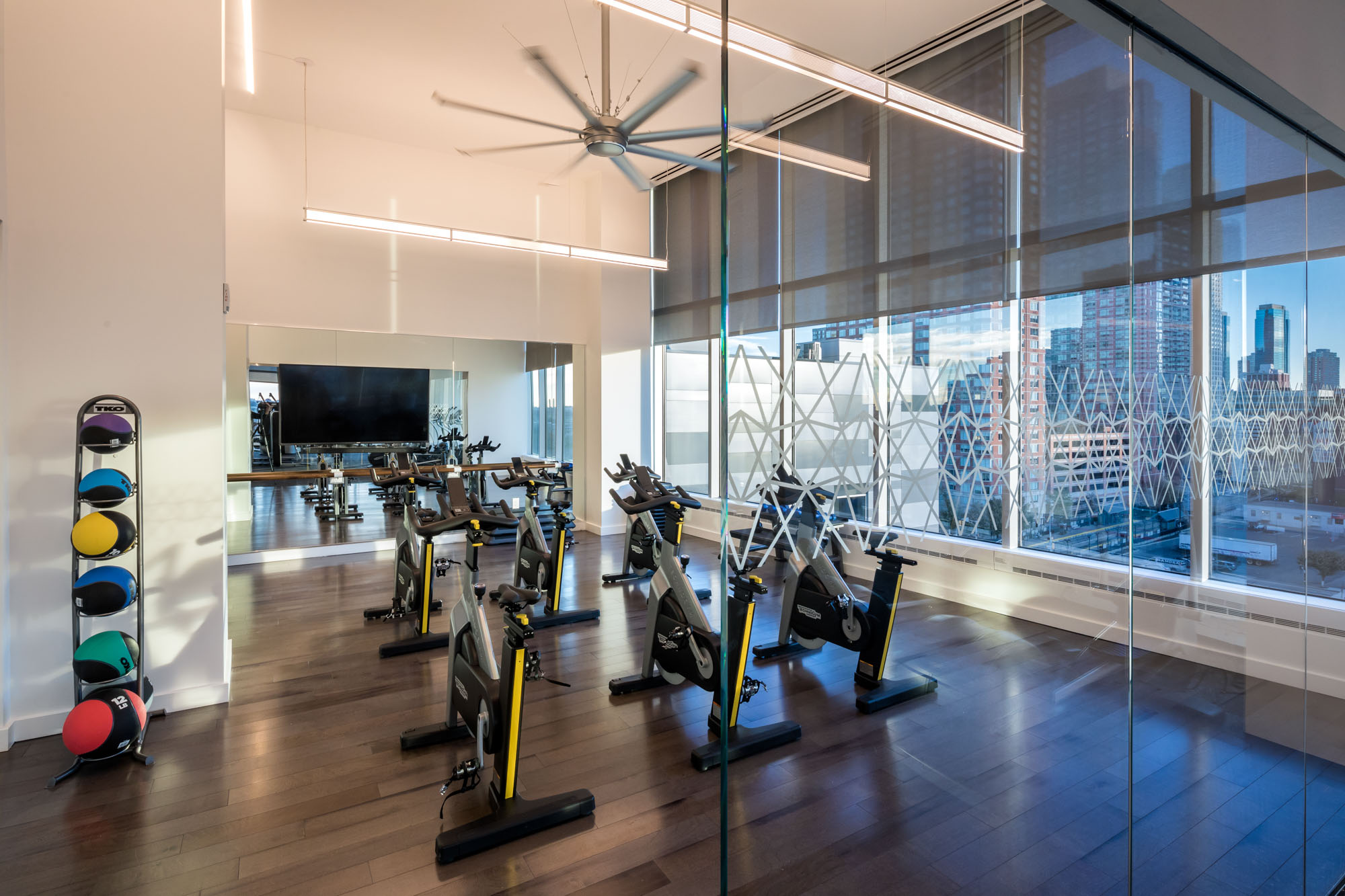 The spin studio at VYV apartments in Jersey City, New Jersey.