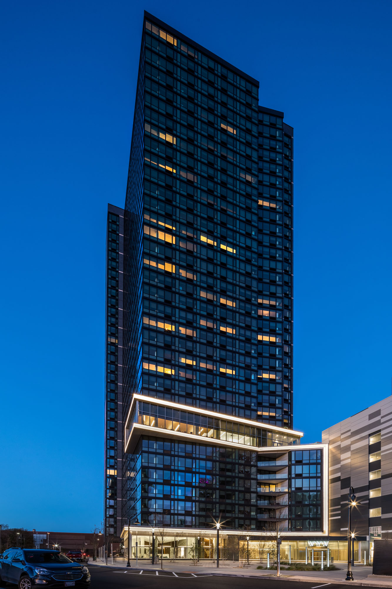 The exterior of VYV apartments in Jersey City, New Jersey.