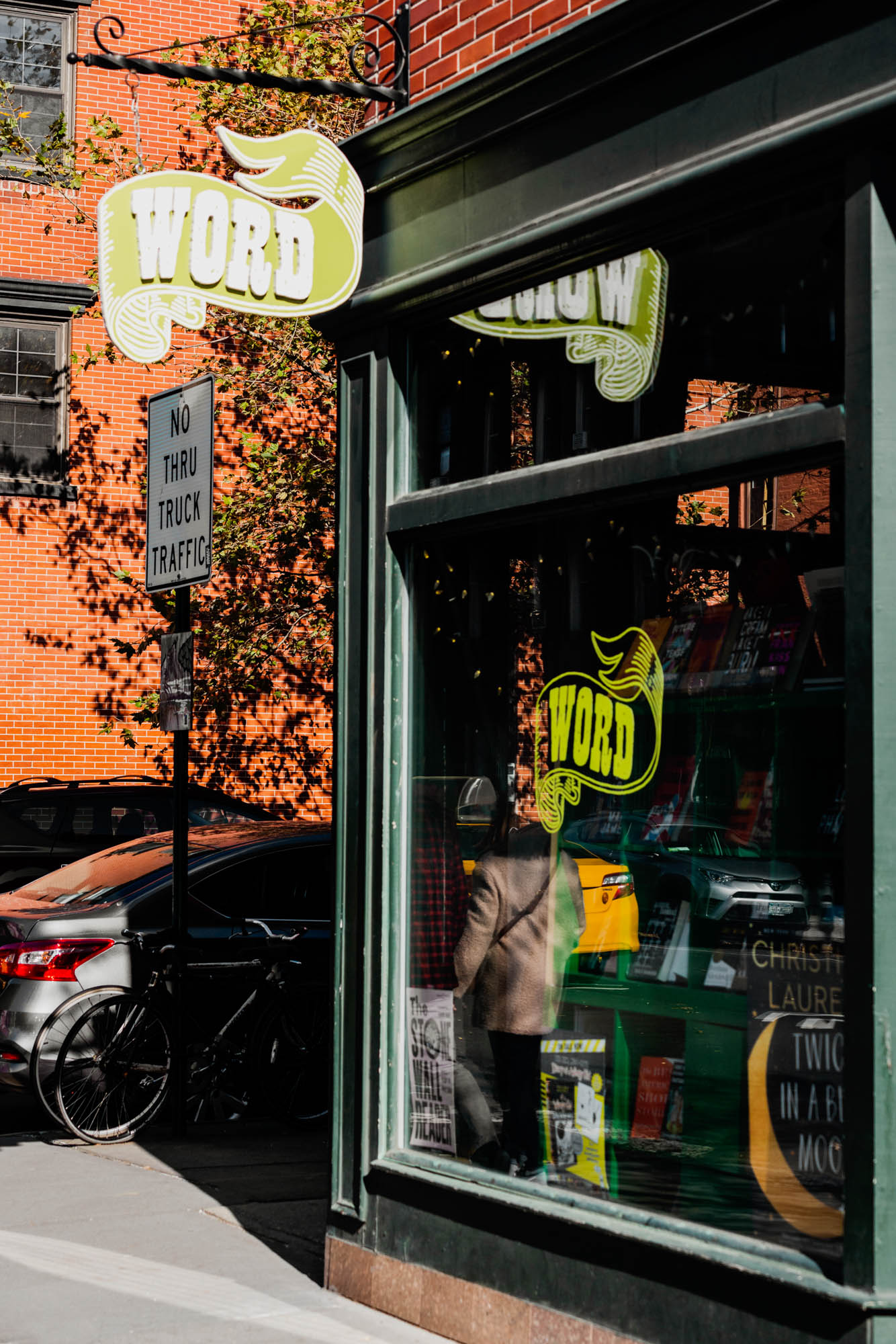 The exterior of Word, a bookstore in Greenpoint, Brooklyn near Two Blue Slip apartments.