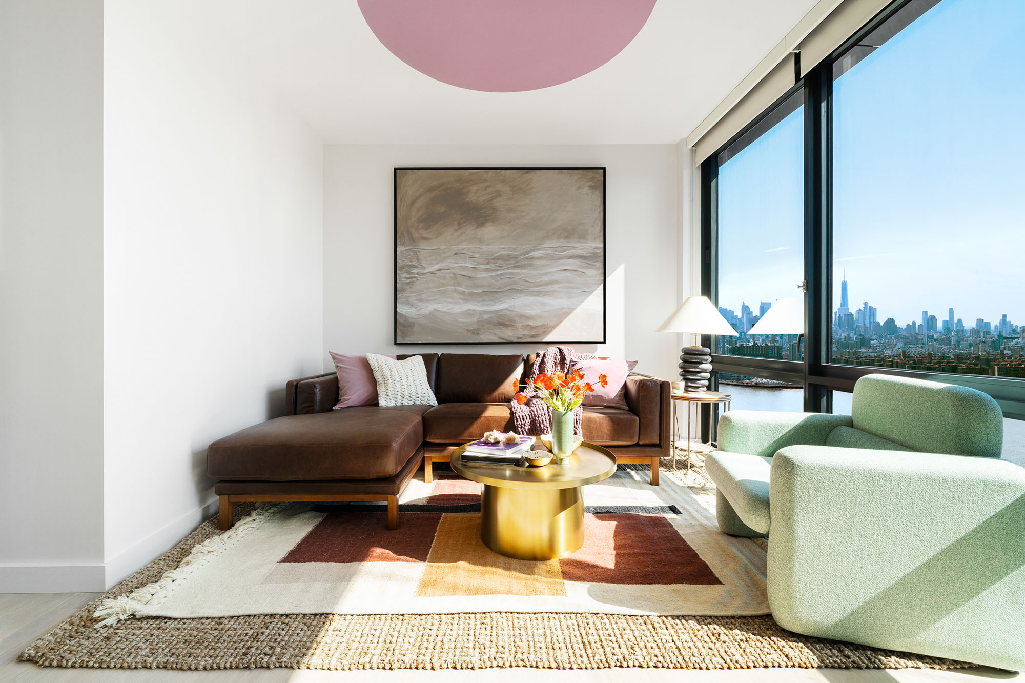 The living area at Two Blue Slip apartments in Greenpoint, Brooklyn, New York.