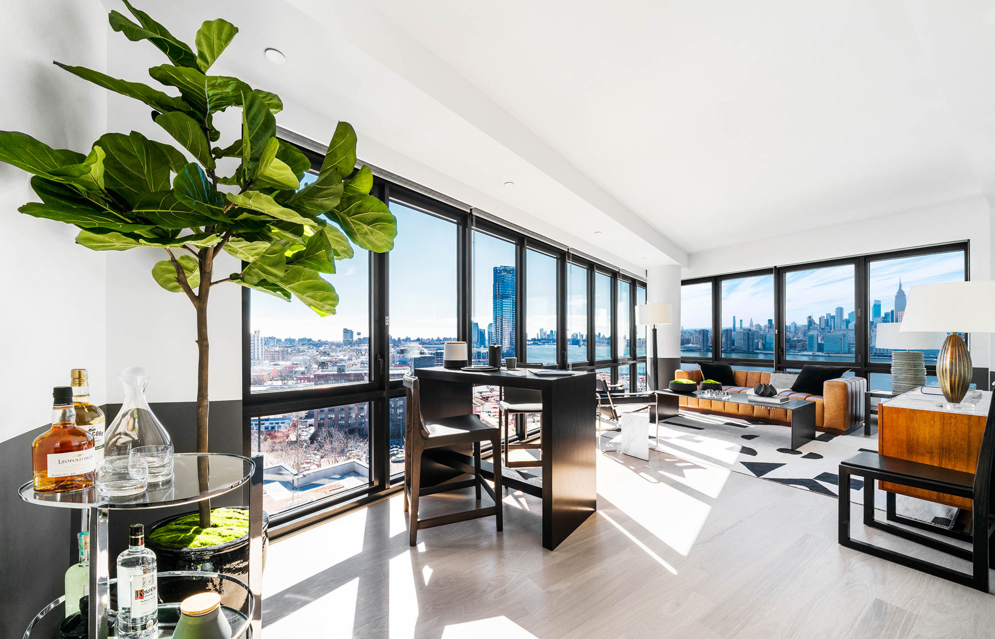 The living area at Two Blue Slip apartments in Greenpoint, Brooklyn, New York.