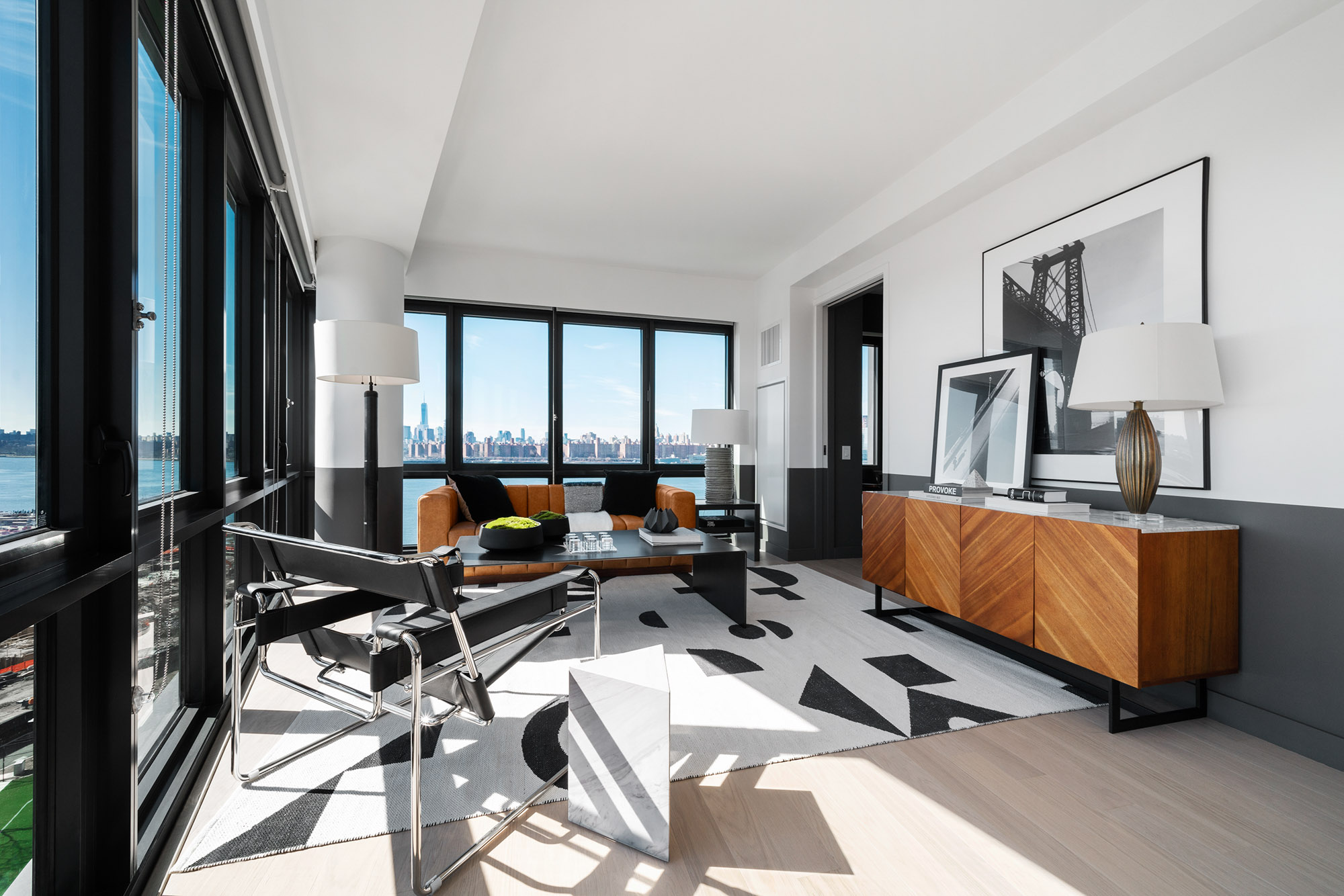 The living area at Two Blue Slip apartments in Greenpoint, Brooklyn, New York.