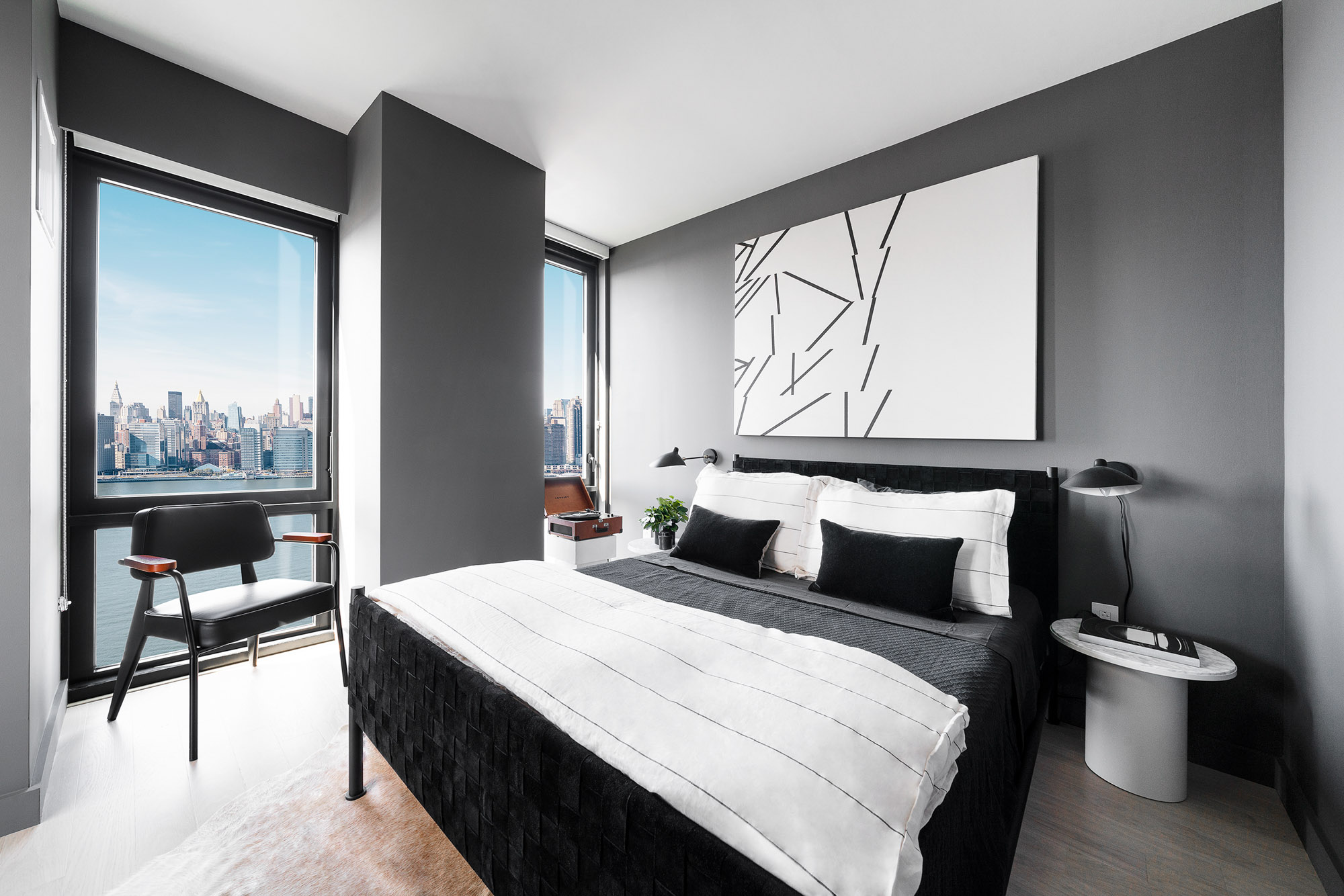 The bedroom at Two Blue Slip apartments in Greenpoint, Brooklyn, New York.