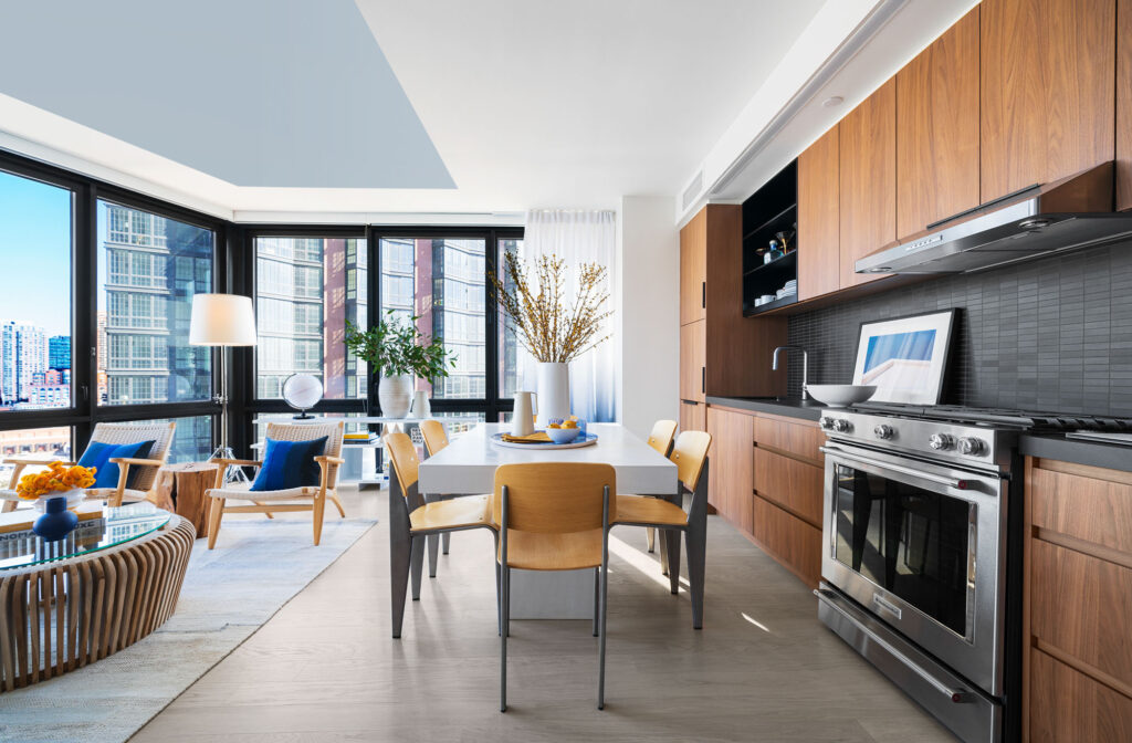 The living area at Two Blue Slip apartments in Greenpoint, Brooklyn, New York.