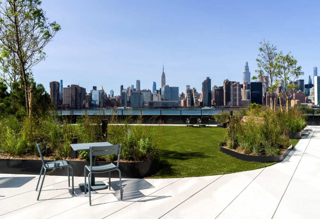 The amenity deck at Two Blue Slip apartments in Greenpoint, Brooklyn, New York.