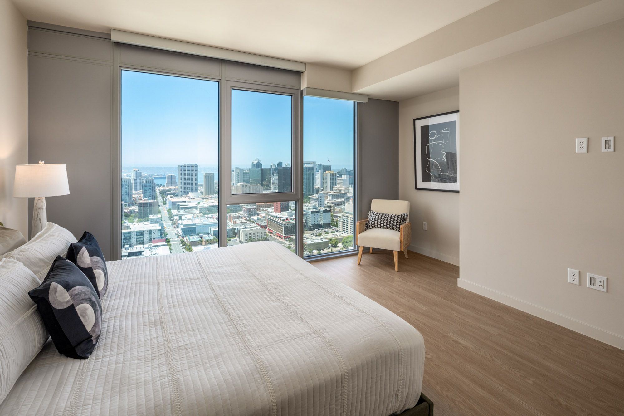 Bedroom space at The Merian Apartments in San Diego, California.