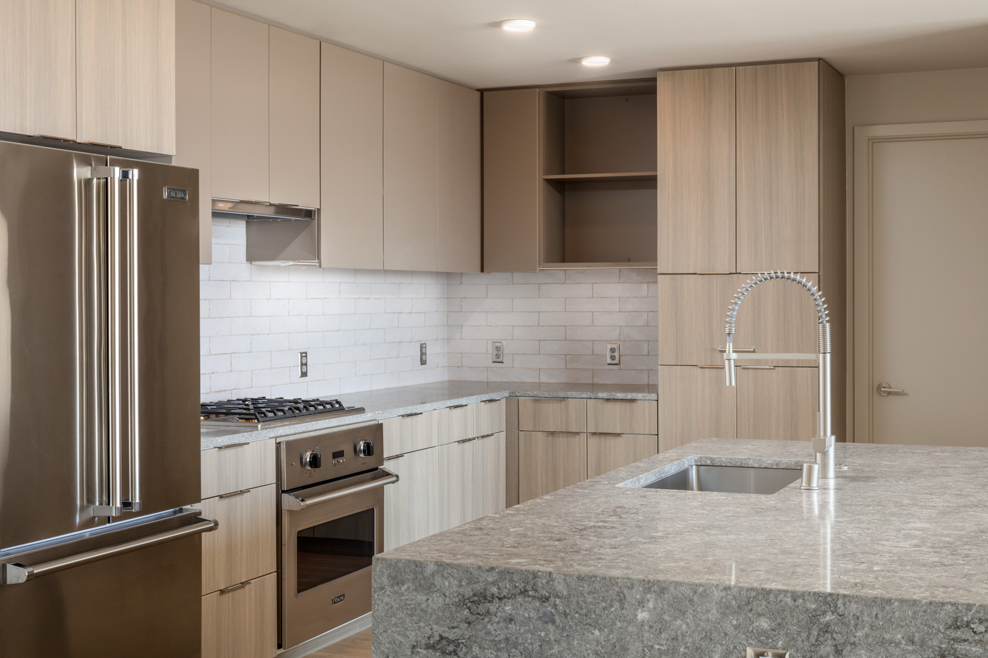 Kitchen space at The Merian Apartments in San Diego, California.