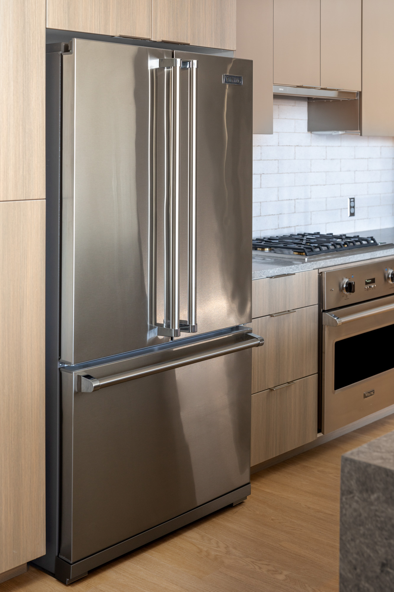 Kitchen space at The Merian Apartments in San Diego, California.