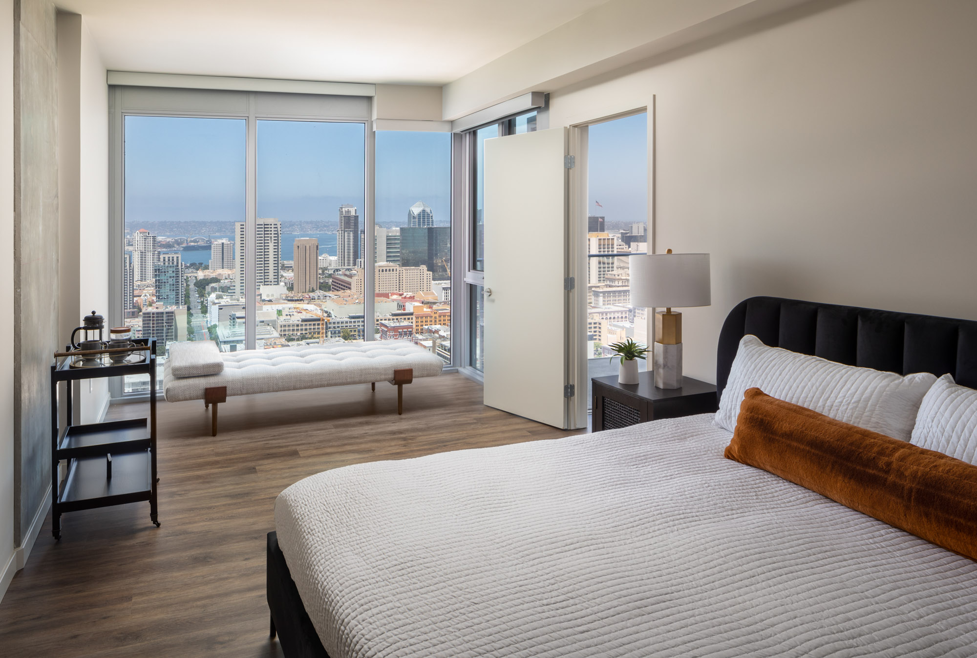 Bedroom space at The Merian Apartments in San Diego, California.