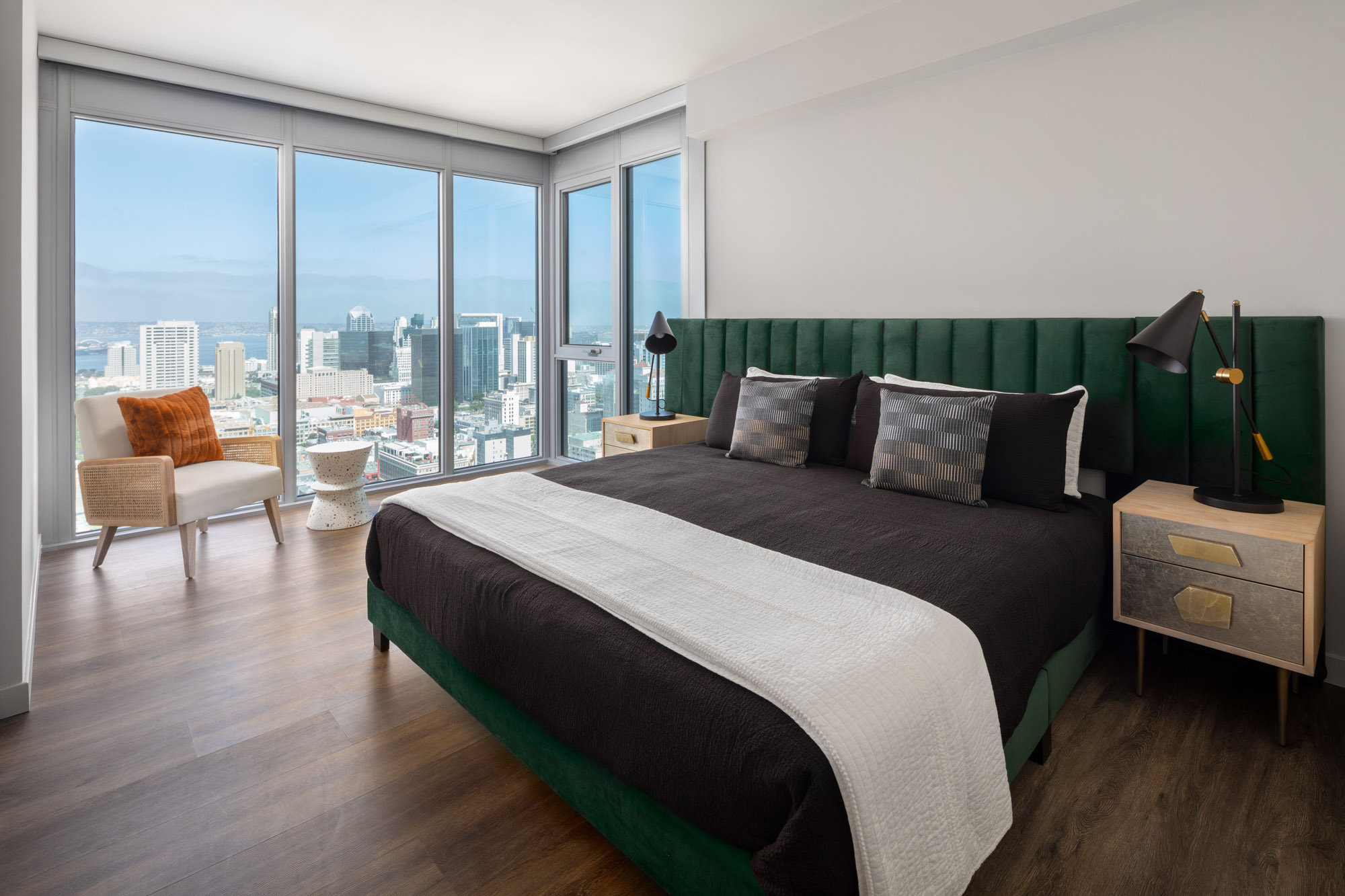 Bedroom space at The Merian Apartments in San Diego, California.