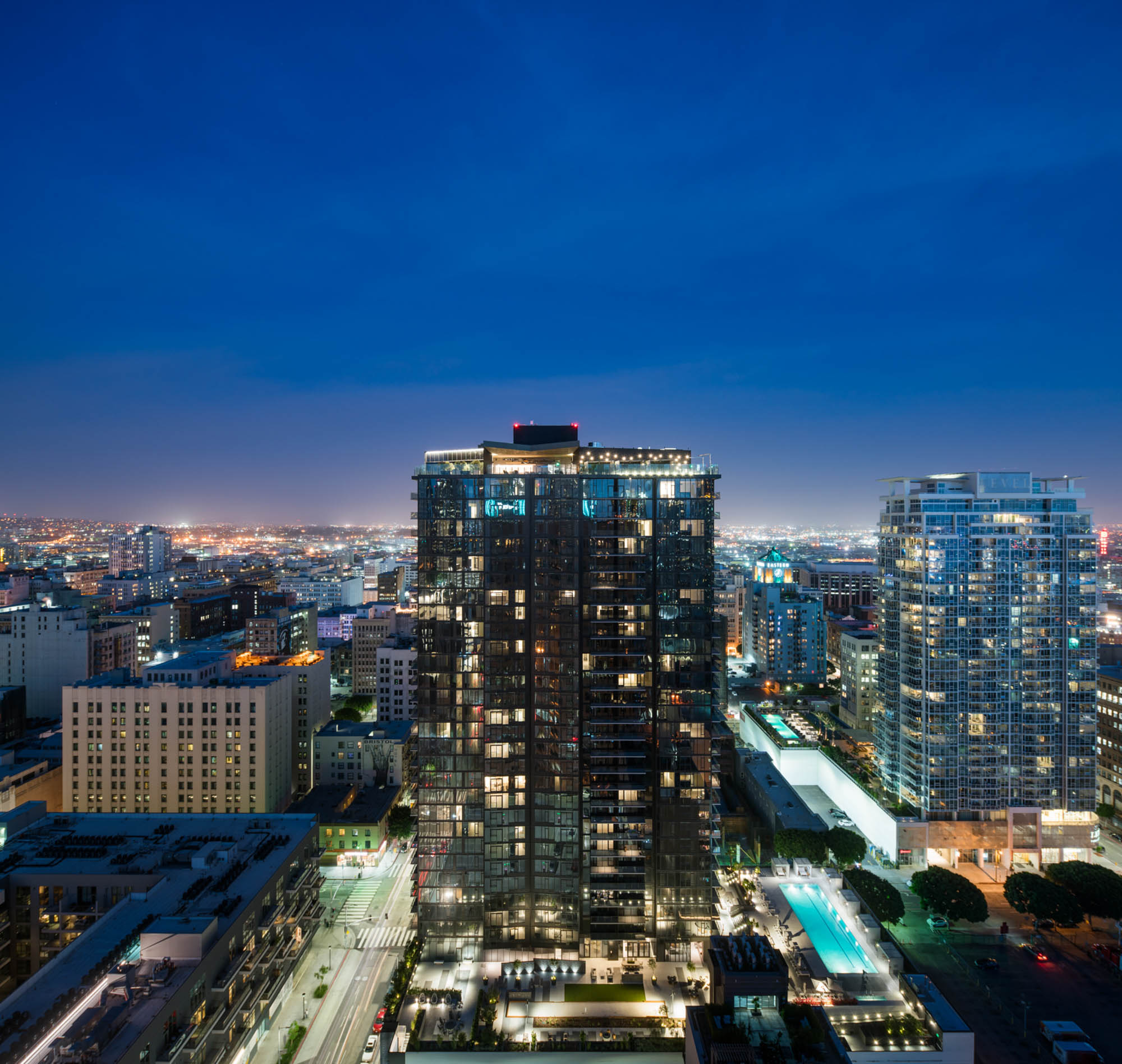 The exterior of Atelier apartments in downtown Los Angeles.