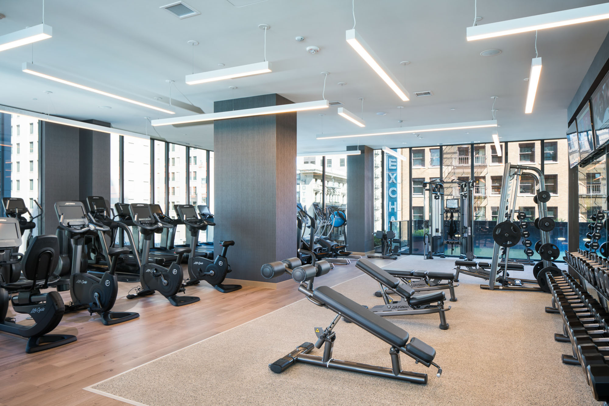 The fitness center at Atelier apartments in downtown Los Angeles.