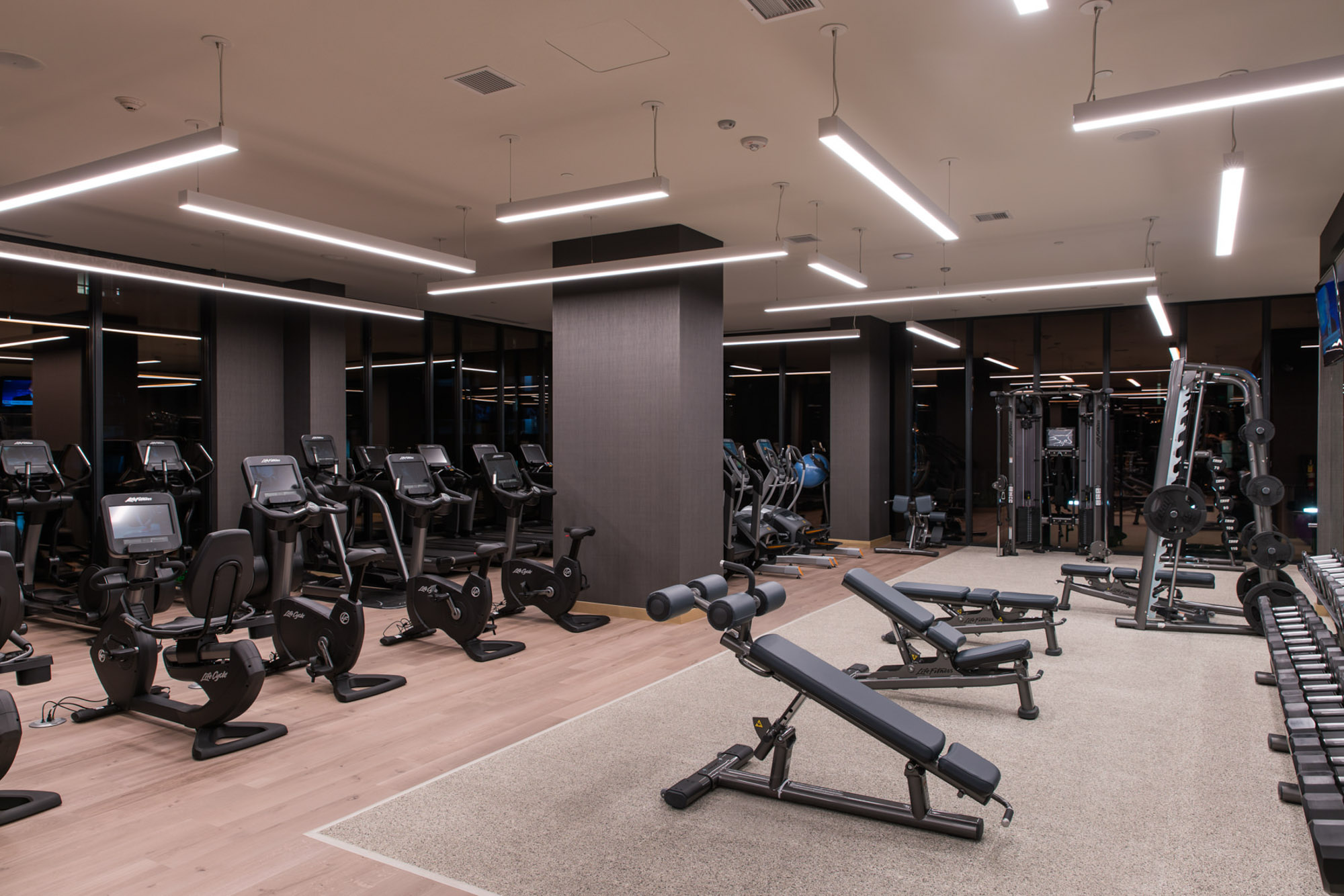 The fitness center at Atelier apartments in downtown Los Angeles.