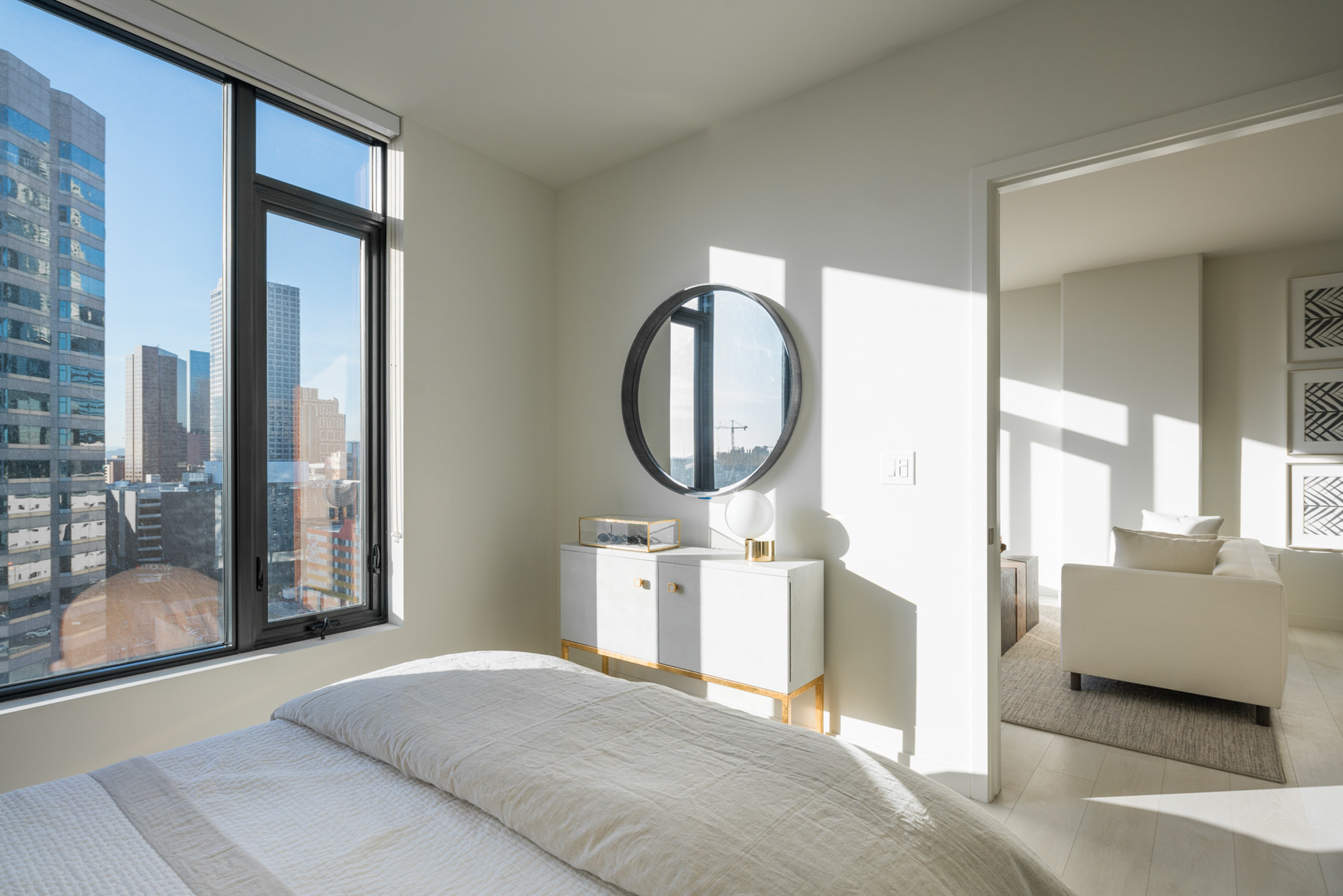 The bedroom in an Atelier apartment in downtown Los Angeles.