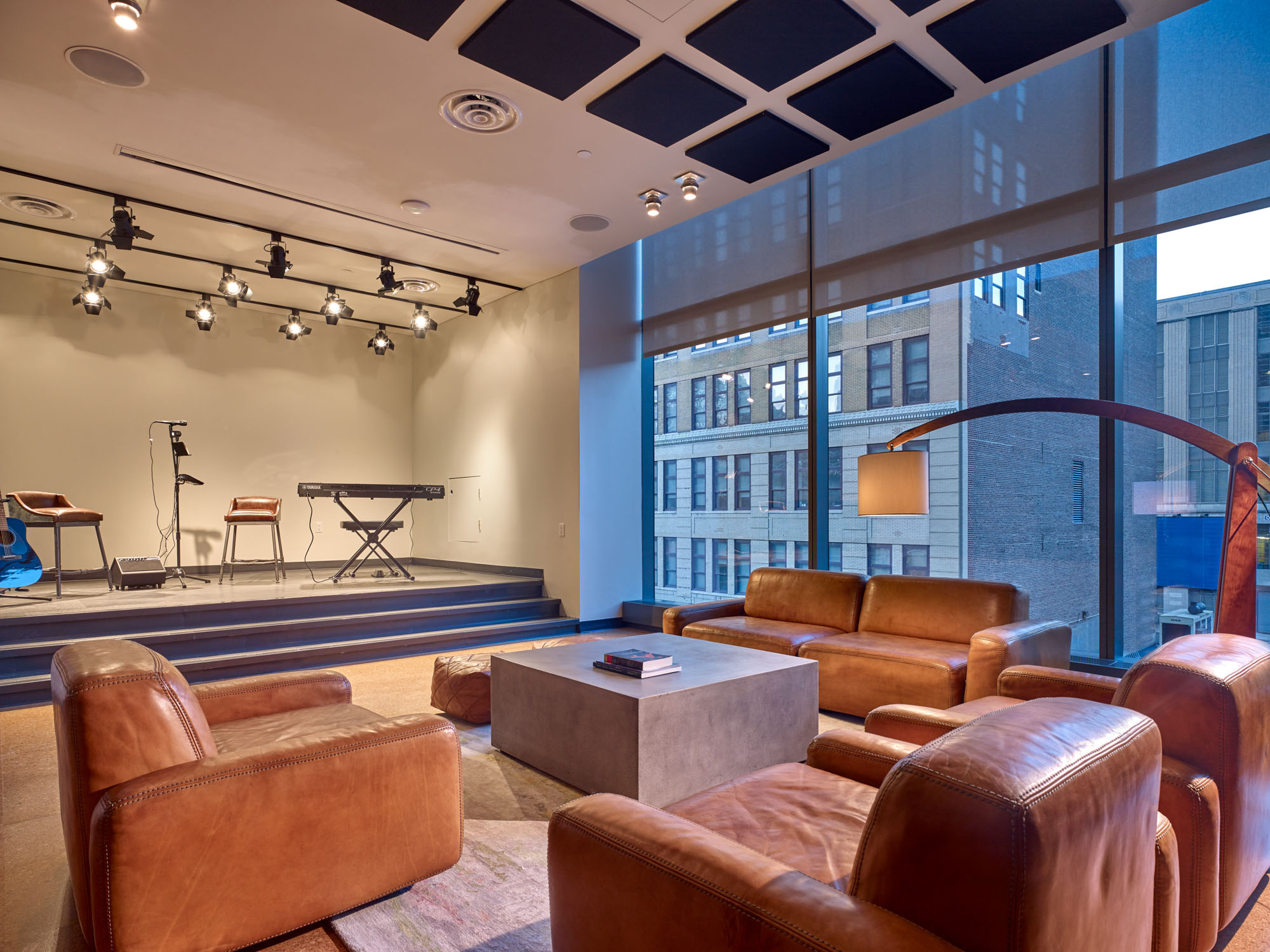 The media and entertainment room in The Eugene apartment in Manhattan, New York.