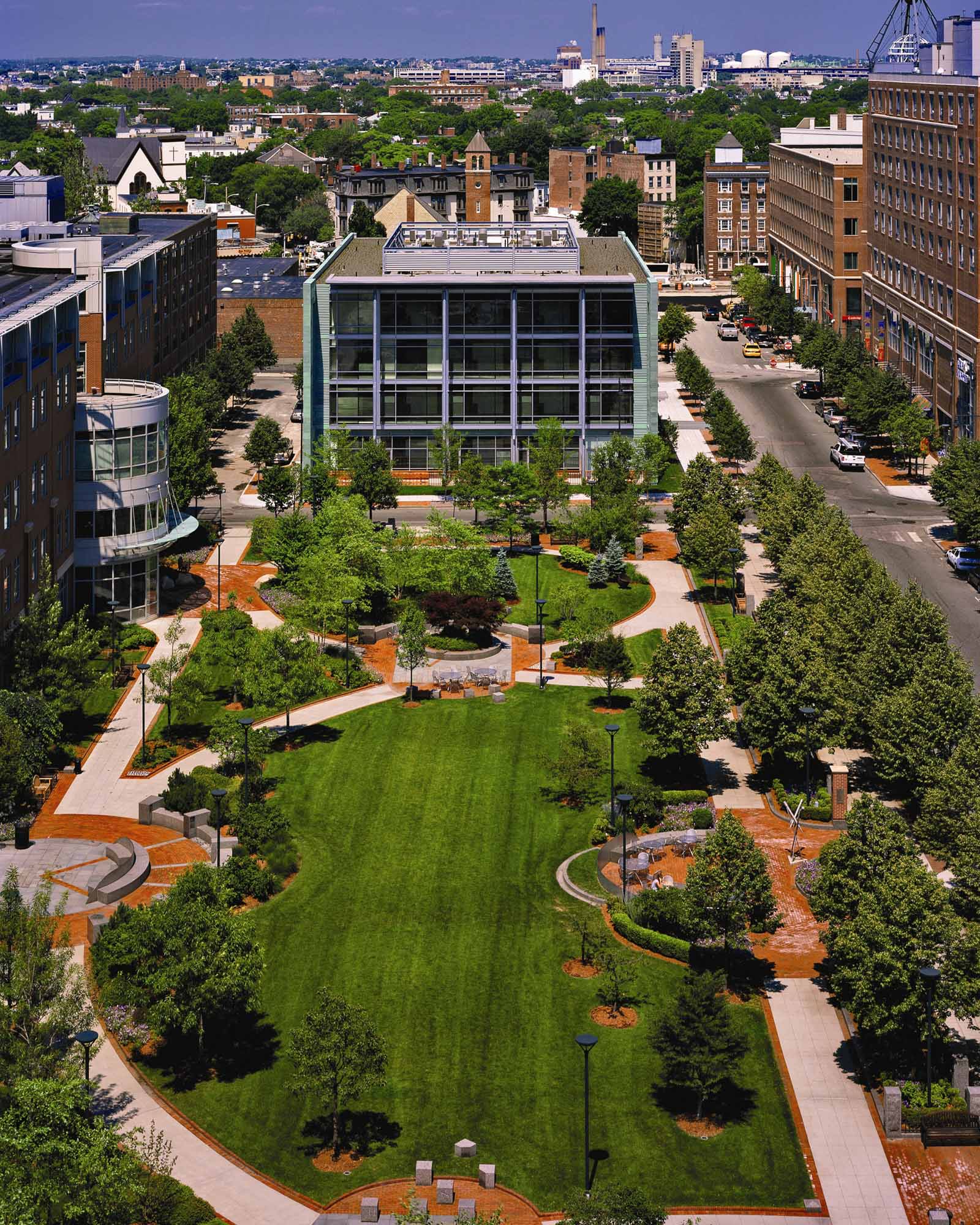 View of green at Loft23 apartments in University Park in Cambridge, MA