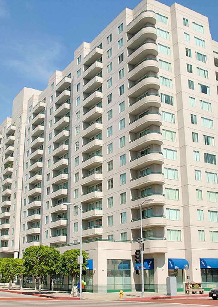 An exterior image of The Met apartments in downtown Los Angeles, California.