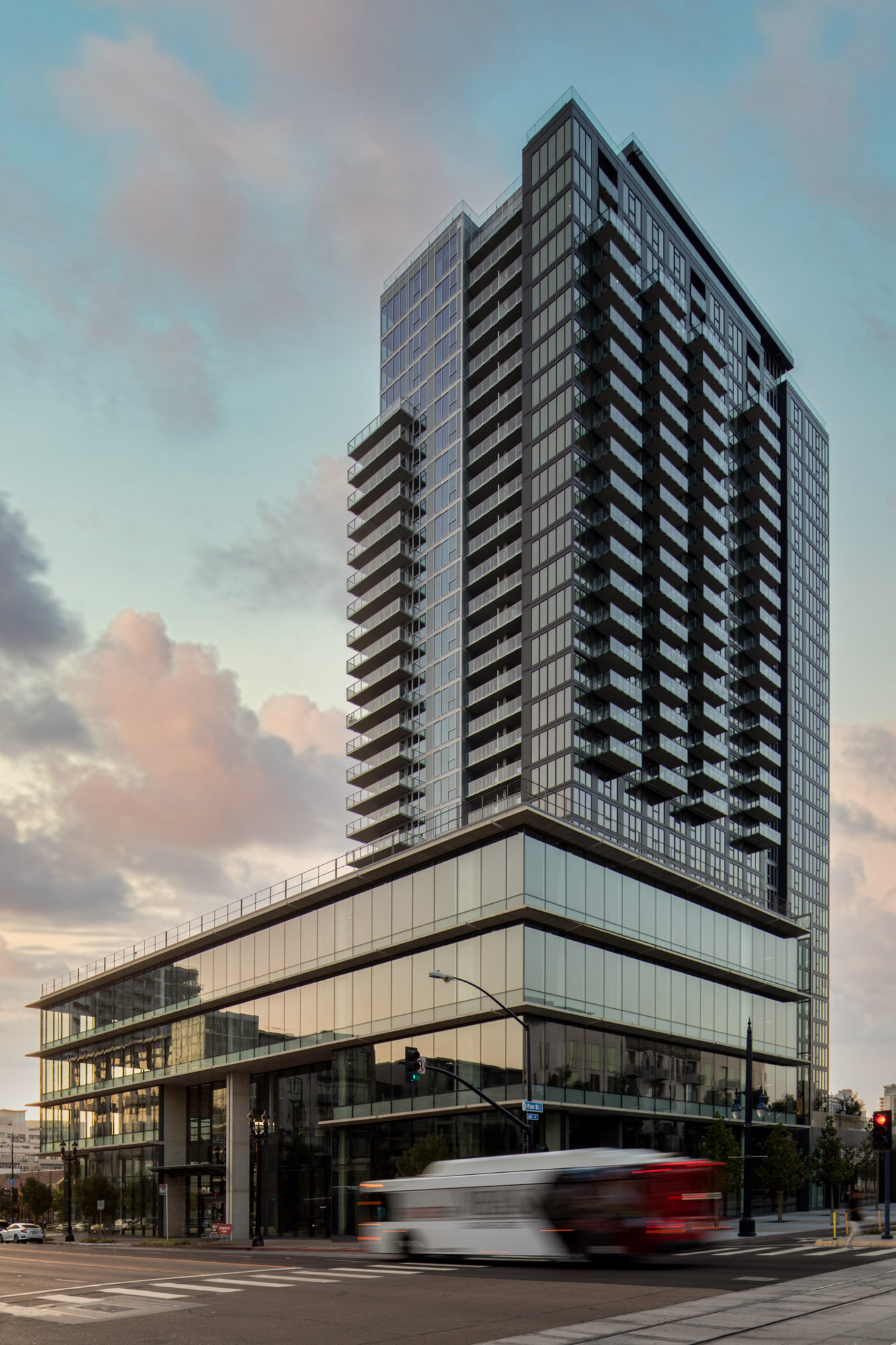 An exterior image of The Merian apartments in San Diego, California.