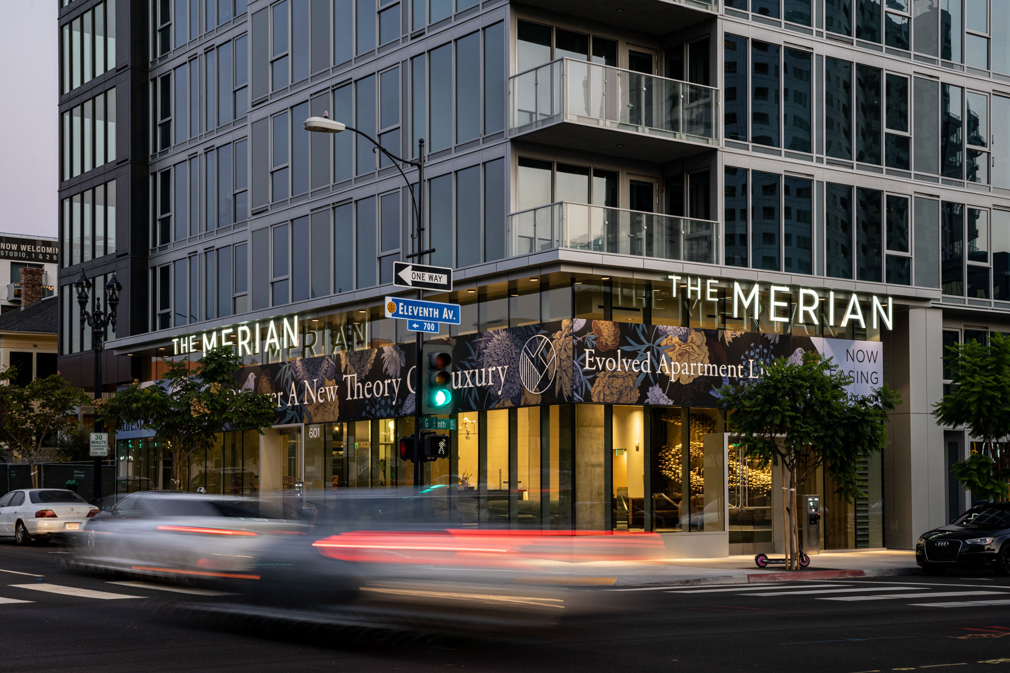 An exterior image of The Merian apartments in San Diego, California.