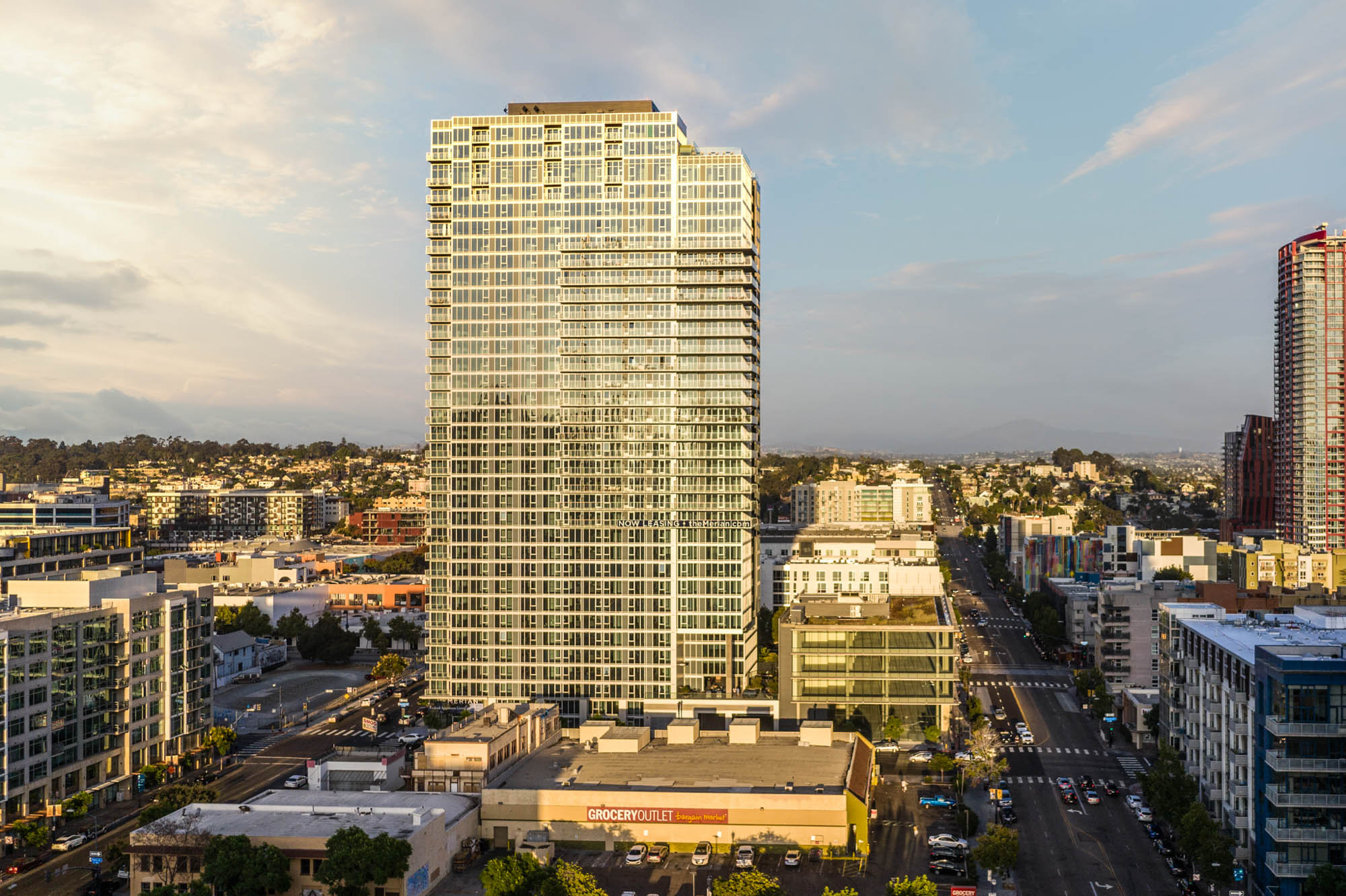 An exterior image of The Merian apartments in San Diego, California.