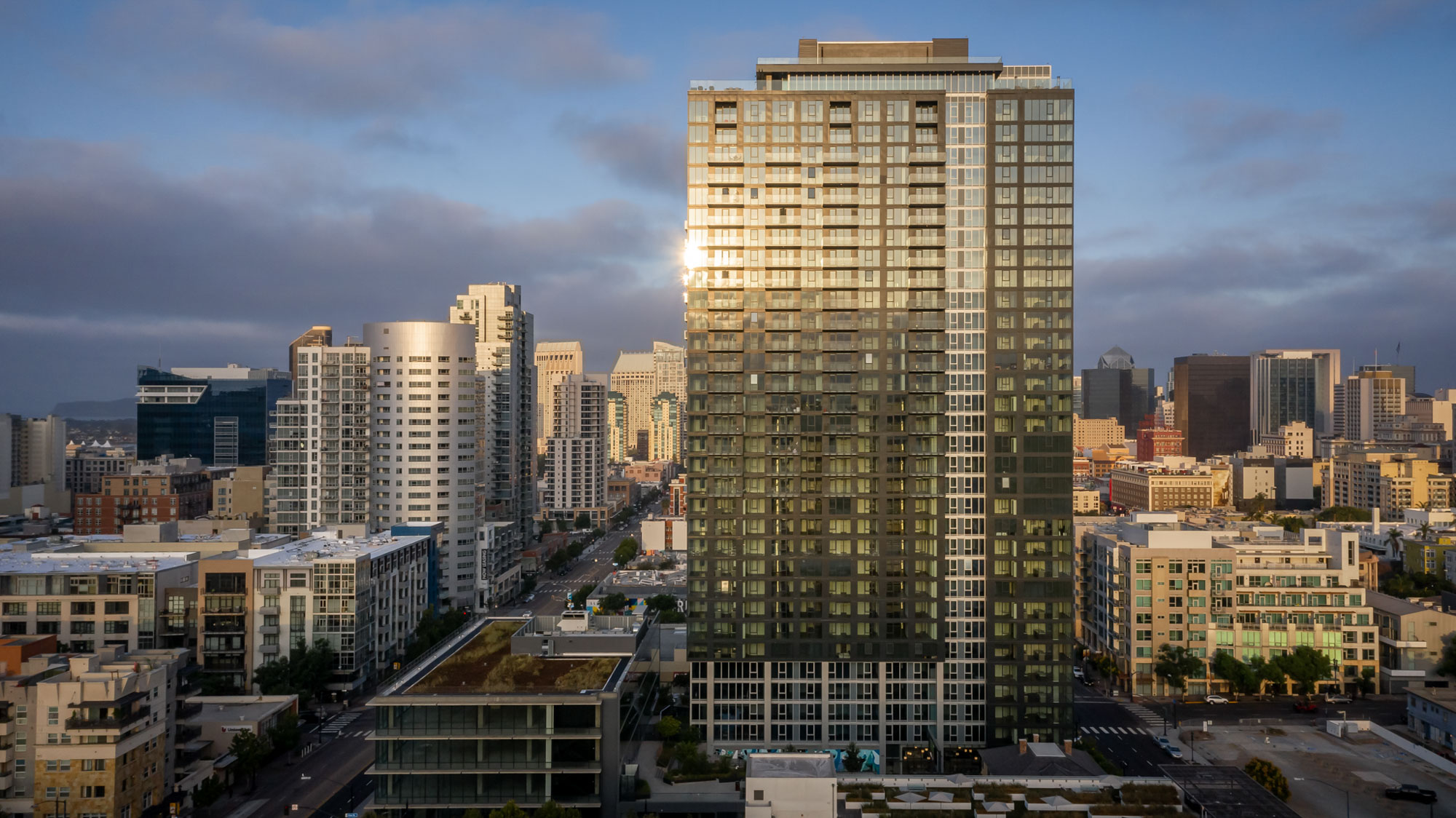 An exterior image of The Merian apartments in San Diego, California.