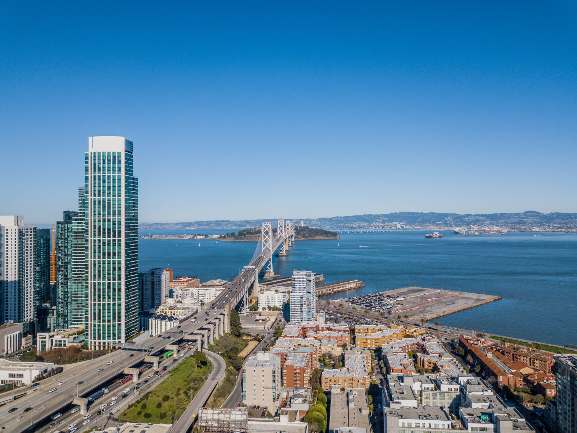 An aerial view of the Bay Bridge near Bayside Village in San Francisco.