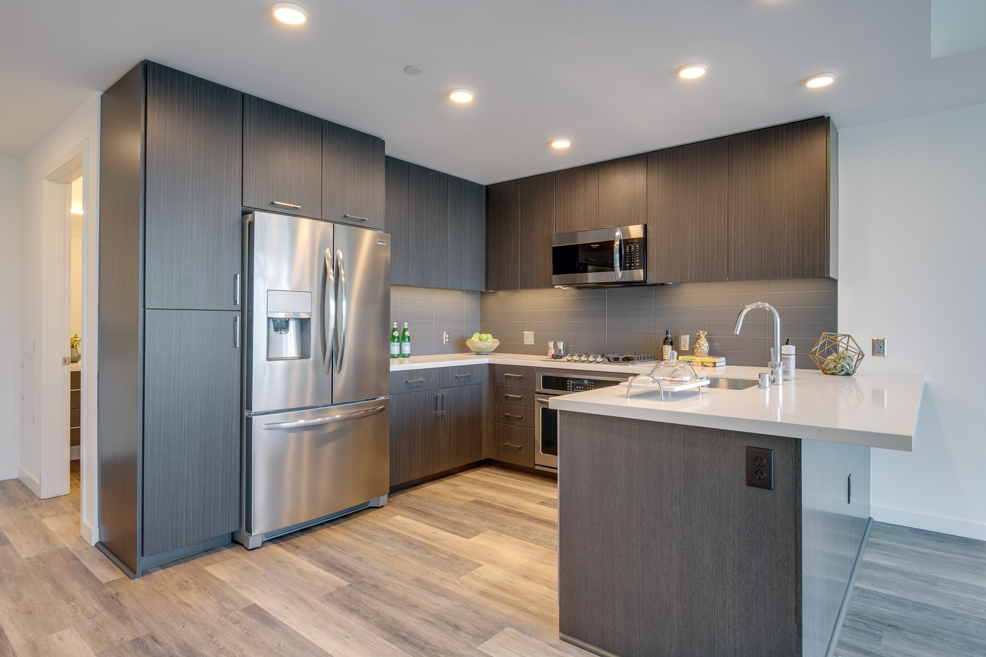 Kitchen space at The Merian Apartments in San Diego, California.