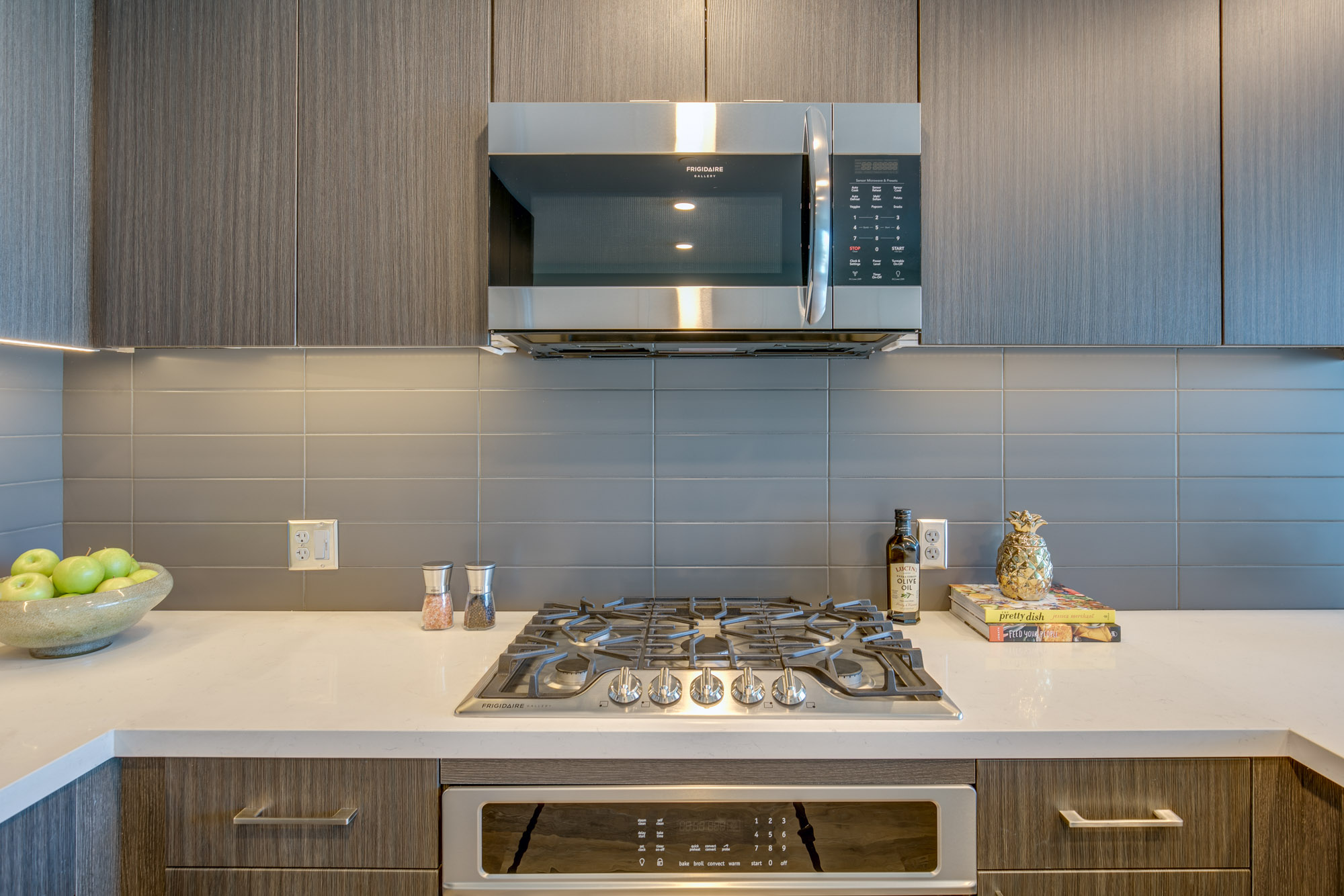 Kitchen space at The Merian Apartments in San Diego, California.