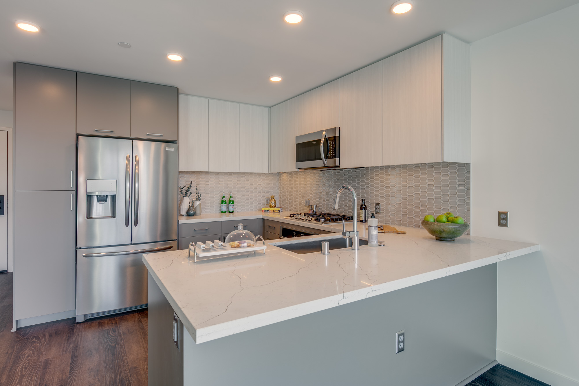 Kitchen space at The Merian Apartments in San Diego, California.