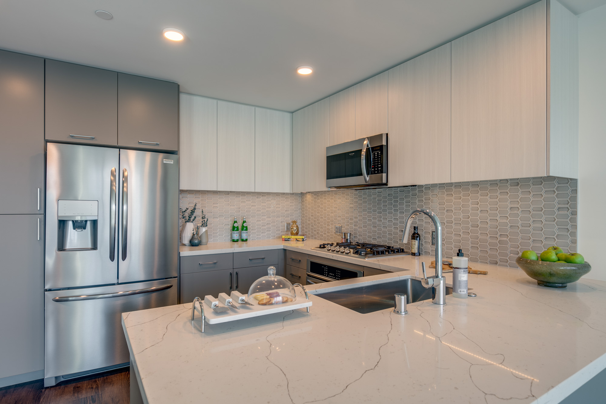 Kitchen space at The Merian Apartments in San Diego, California.