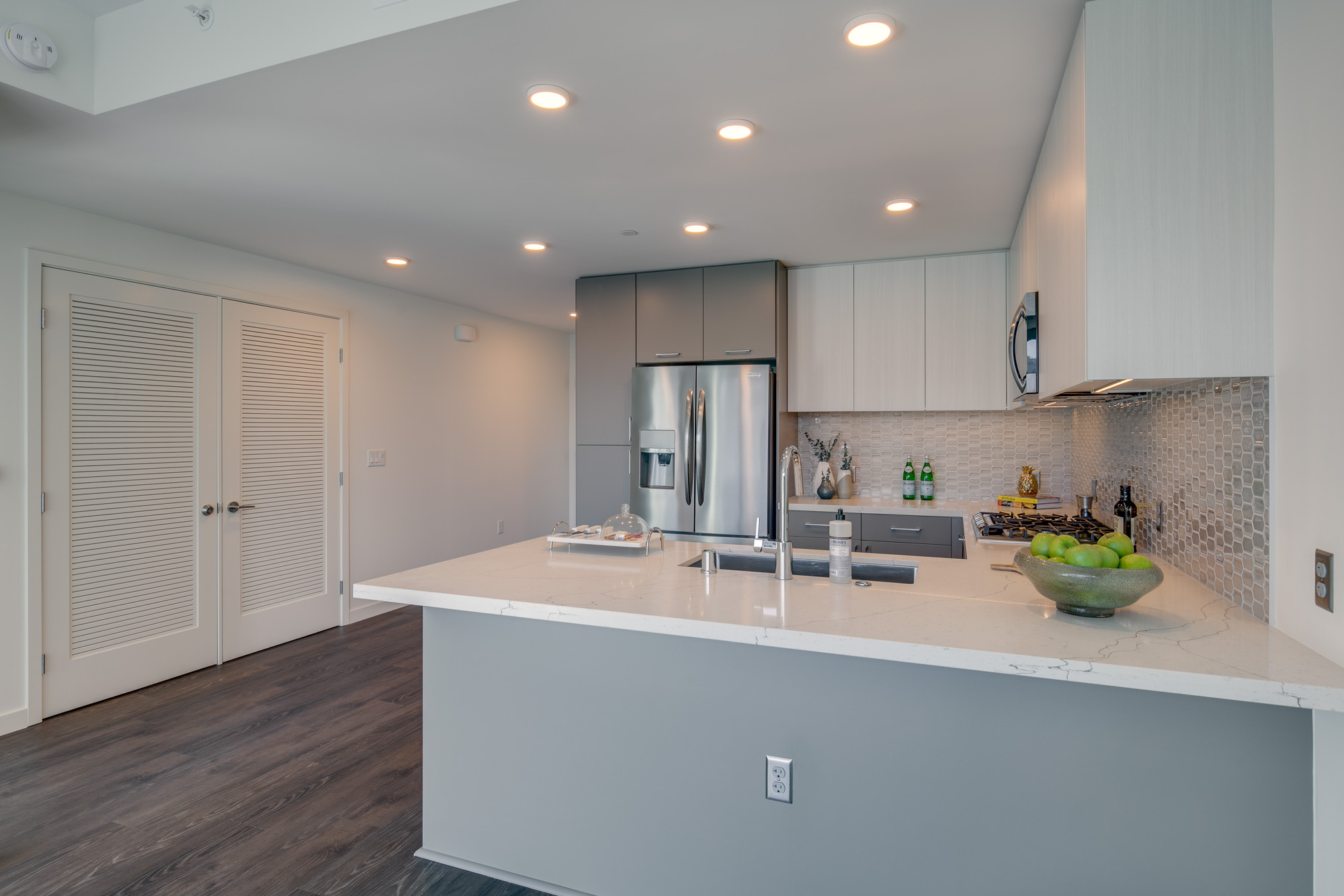 Kitchen space at The Merian Apartments in San Diego, California.