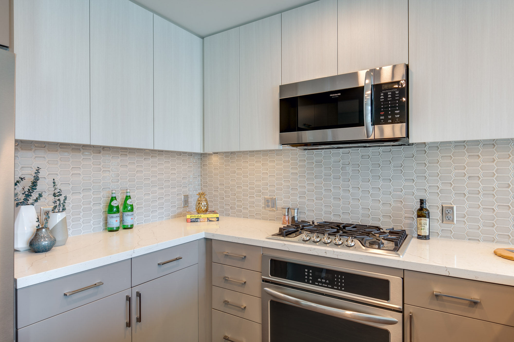 Kitchen space at The Merian Apartments in San Diego, California.