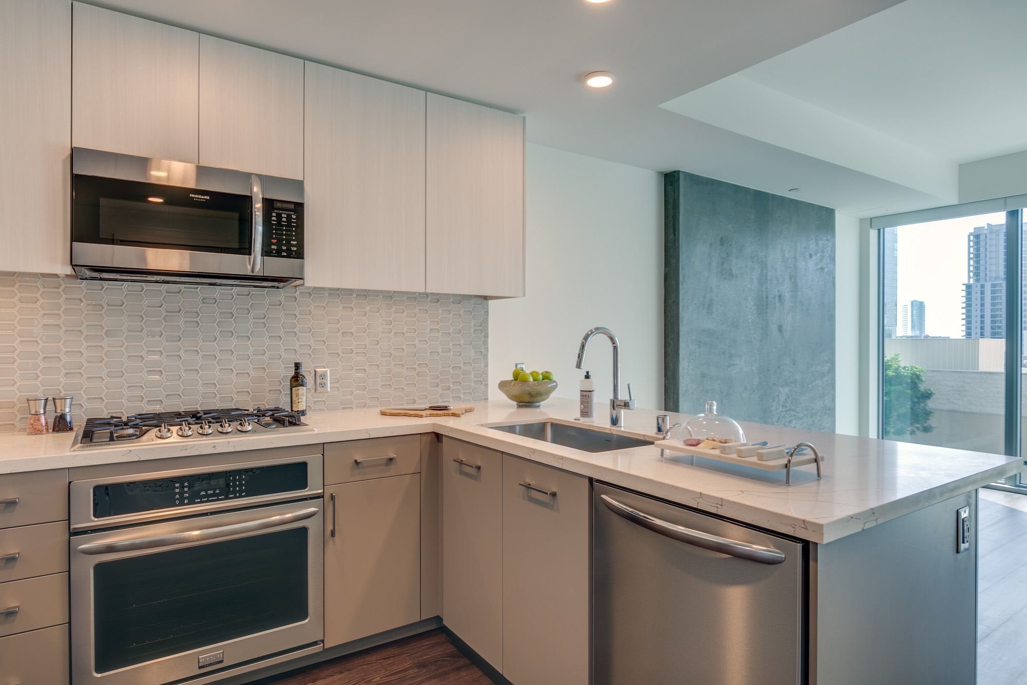 Kitchen space at The Merian Apartments in San Diego, California.