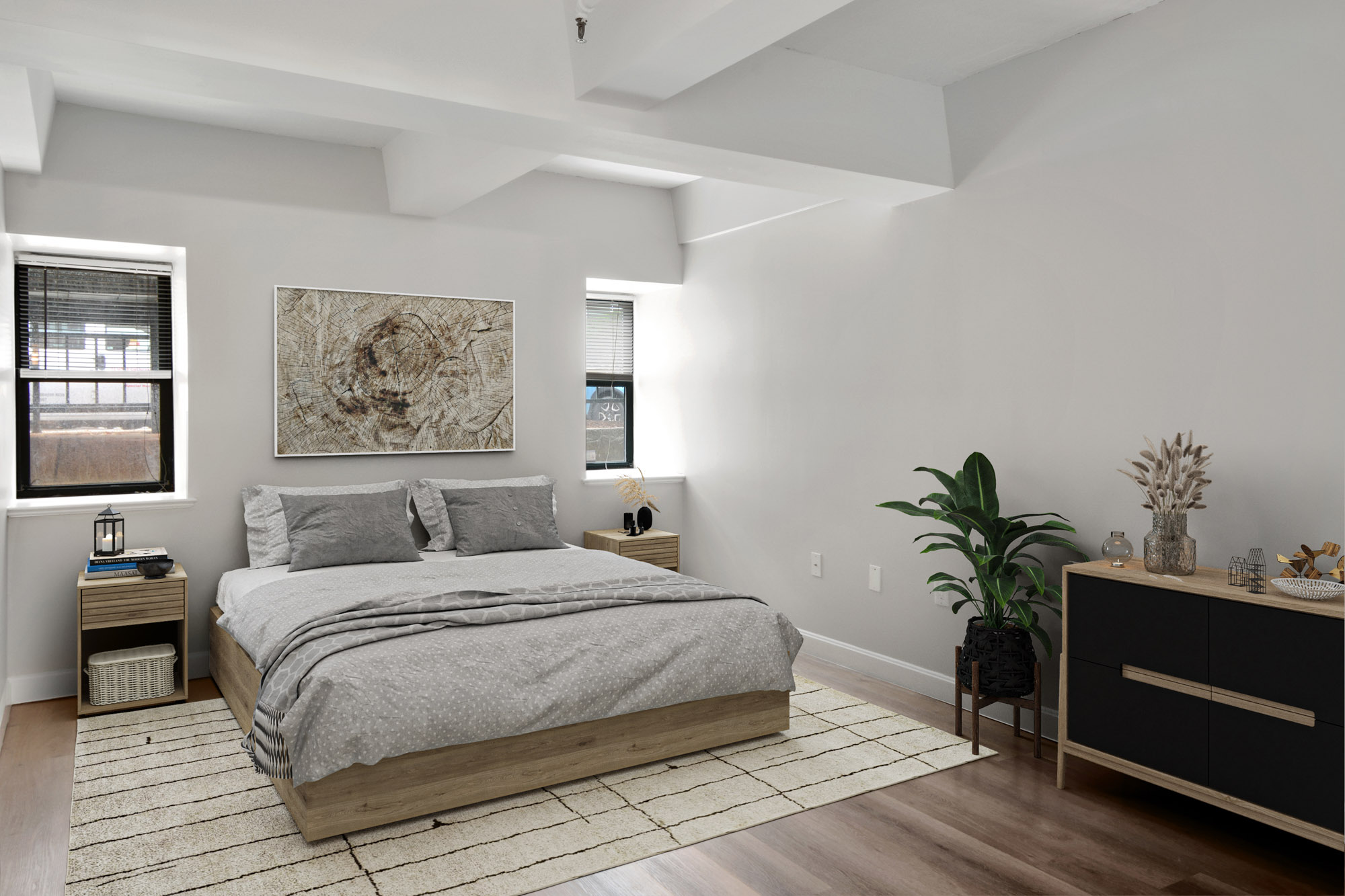 The bedroom in a KBL apartment in Boston, Massachusetts.