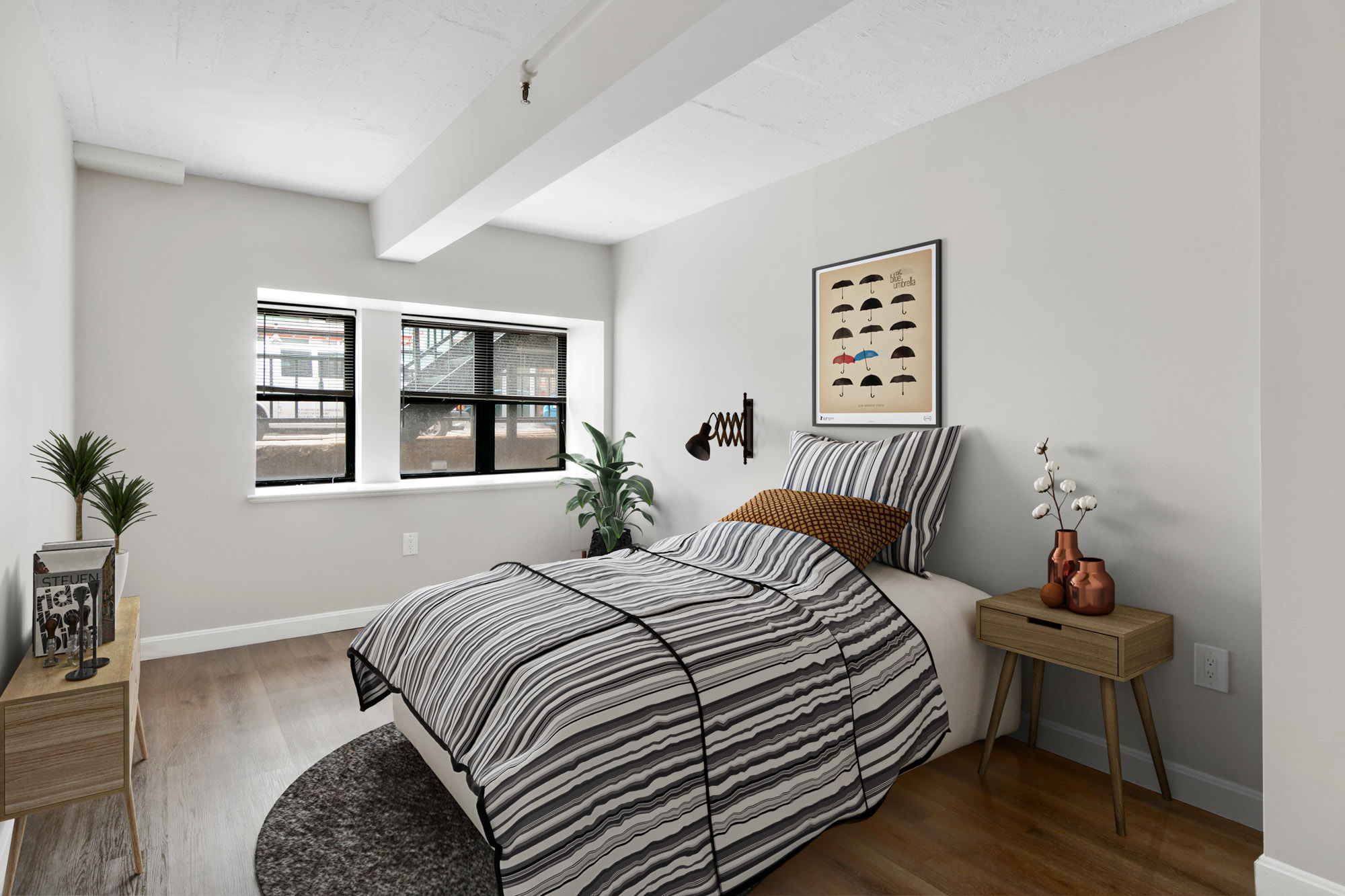 The bedroom in a KBL apartment in Boston, Massachusetts.