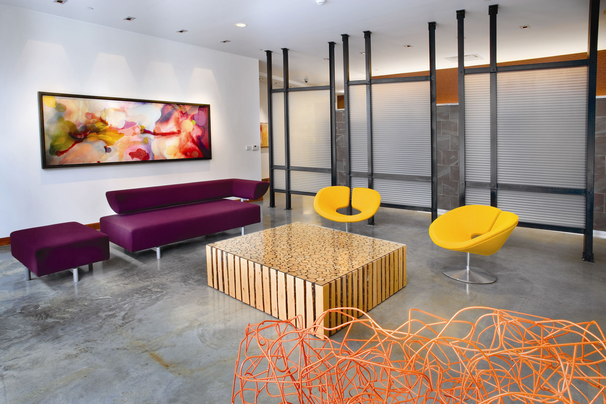 The lobby at Loft23 apartments in Cambridge, Massachusetts