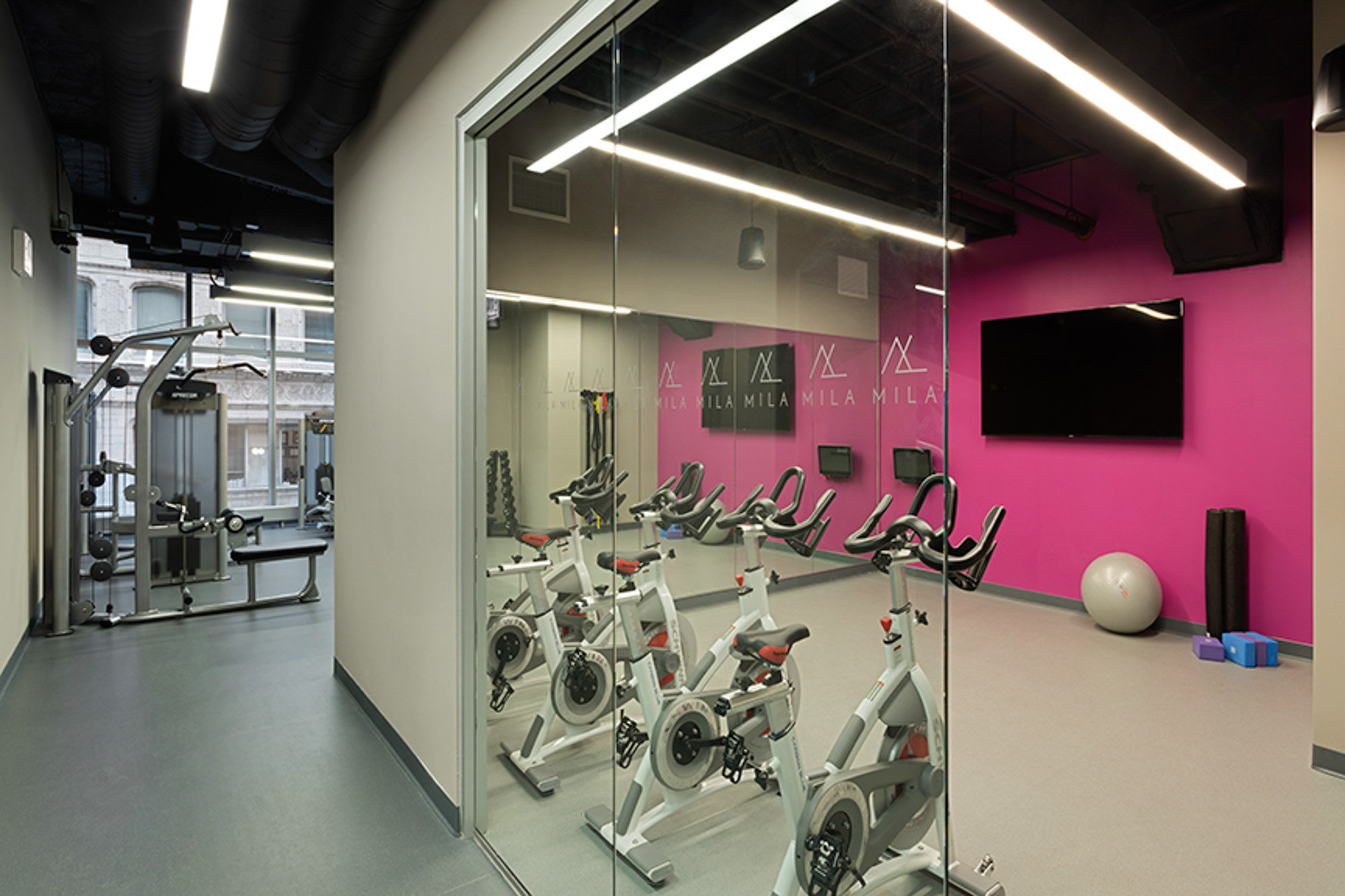 The fitness center at MILA apartments in Chicago, Illinois.