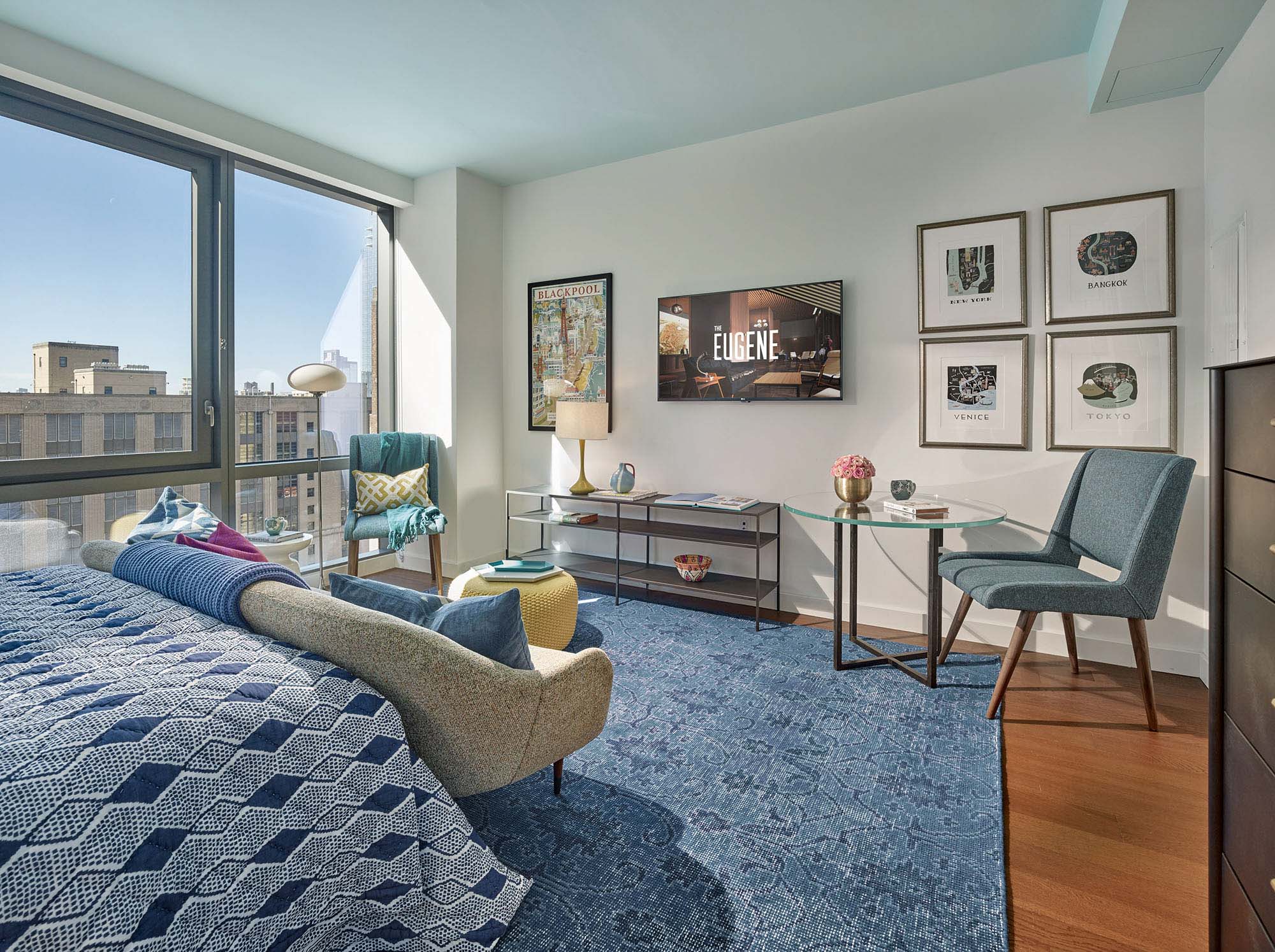 A bedroom in The Eugene apartment in Manhattan, New York.