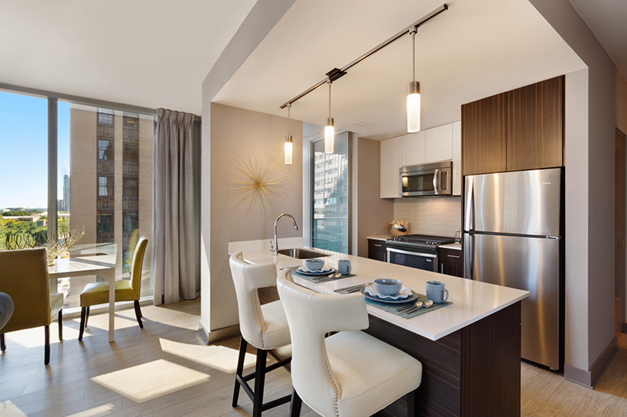 The living area in an apartment at MILA in Chicago, Illinois.