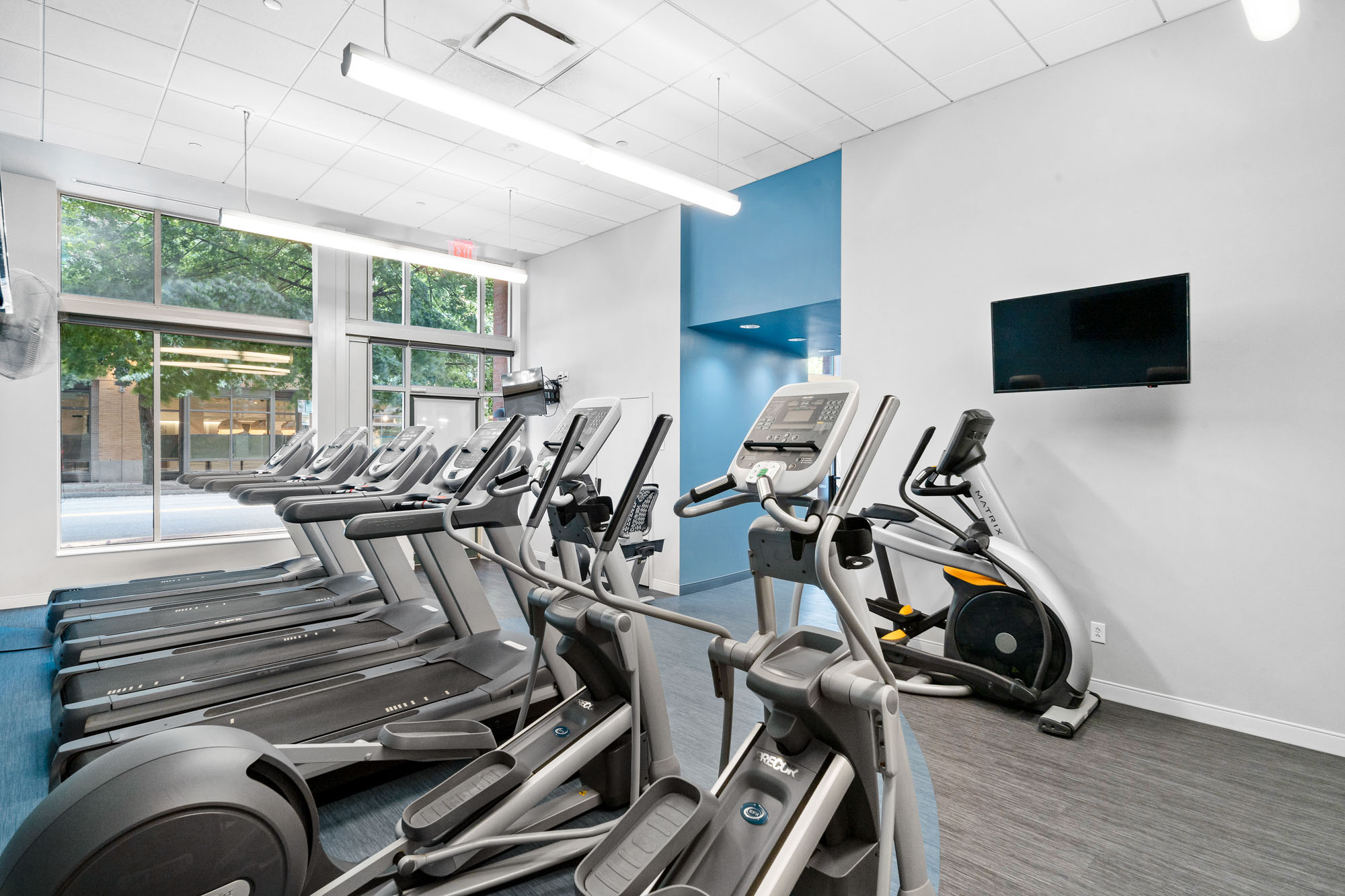 Gym area at 91 Sidney apartments in Cambridge, Massachusetts