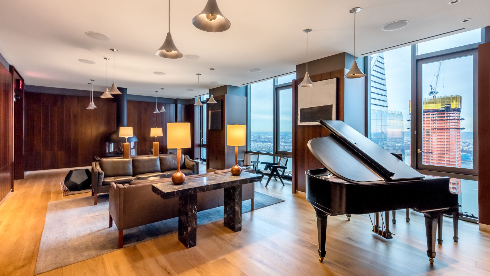 The piano lounge in The Eugene apartment in Manhattan, New York.