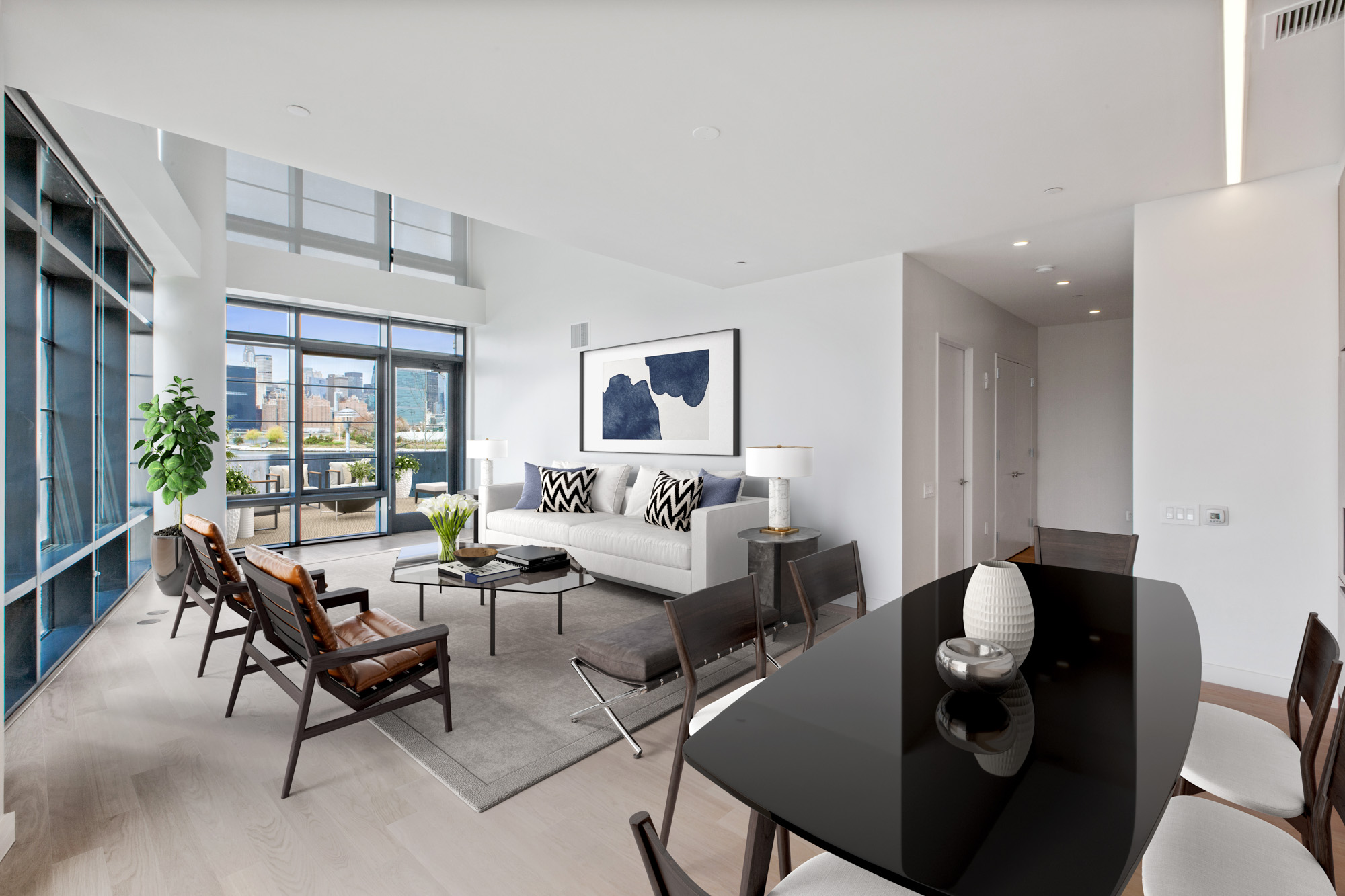 The living area at Two Blue Slip apartments in Greenpoint, Brooklyn, New York.