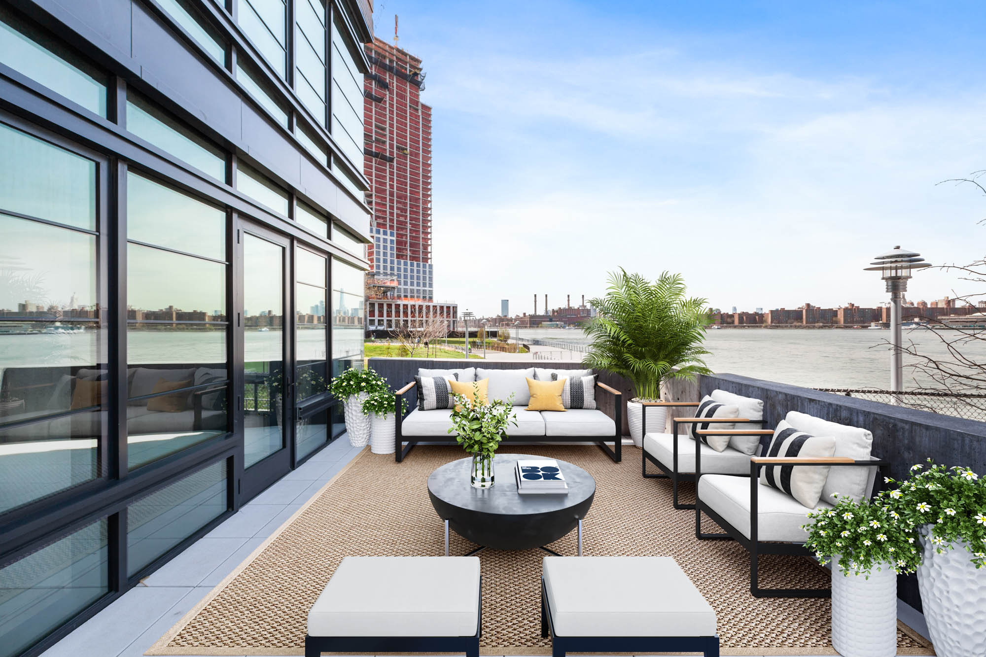 The balcony at Two Blue Slip apartments in Greenpoint, Brooklyn, New York.