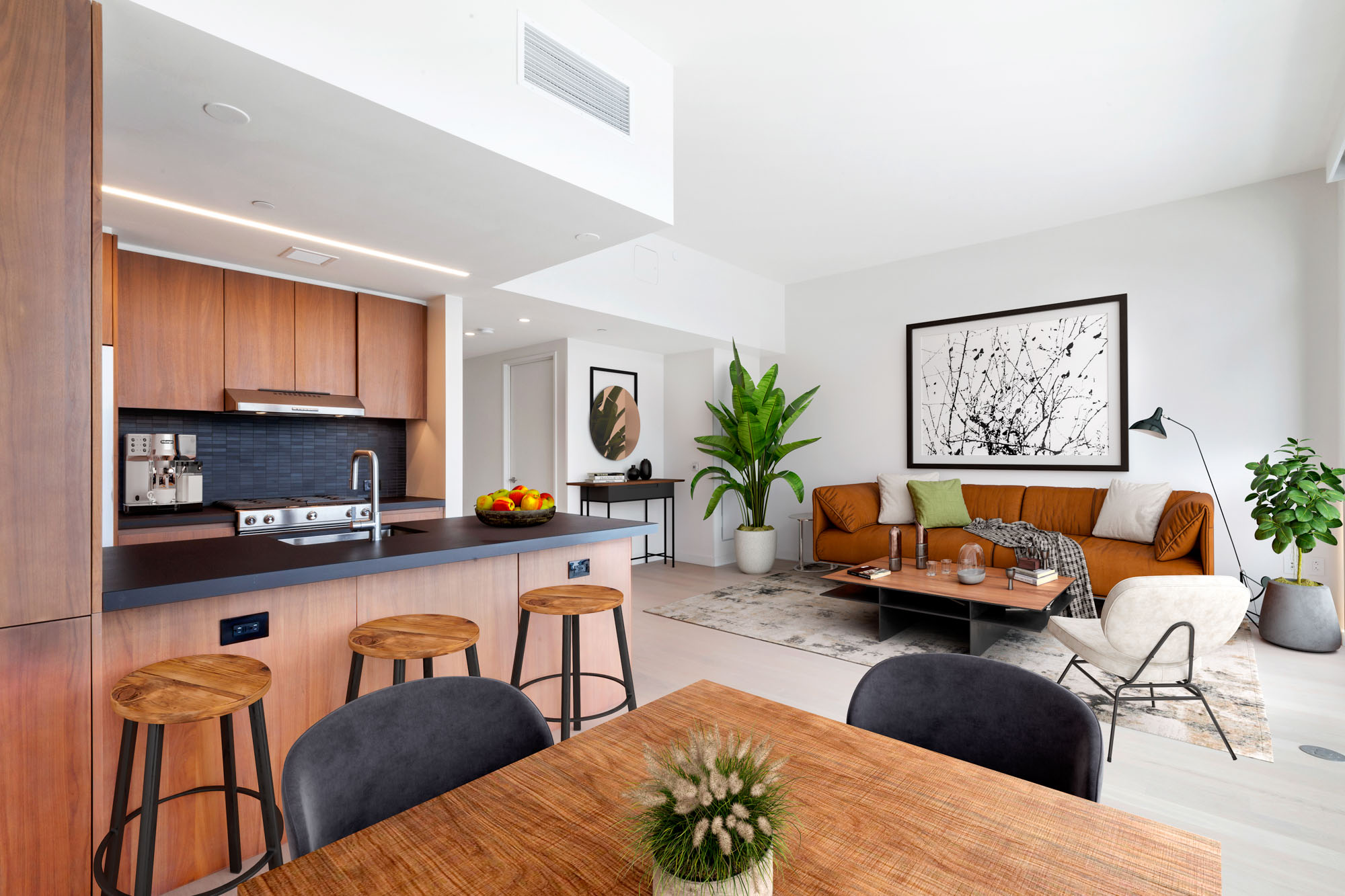 The living area at Two Blue Slip apartments in Greenpoint, Brooklyn, New York.