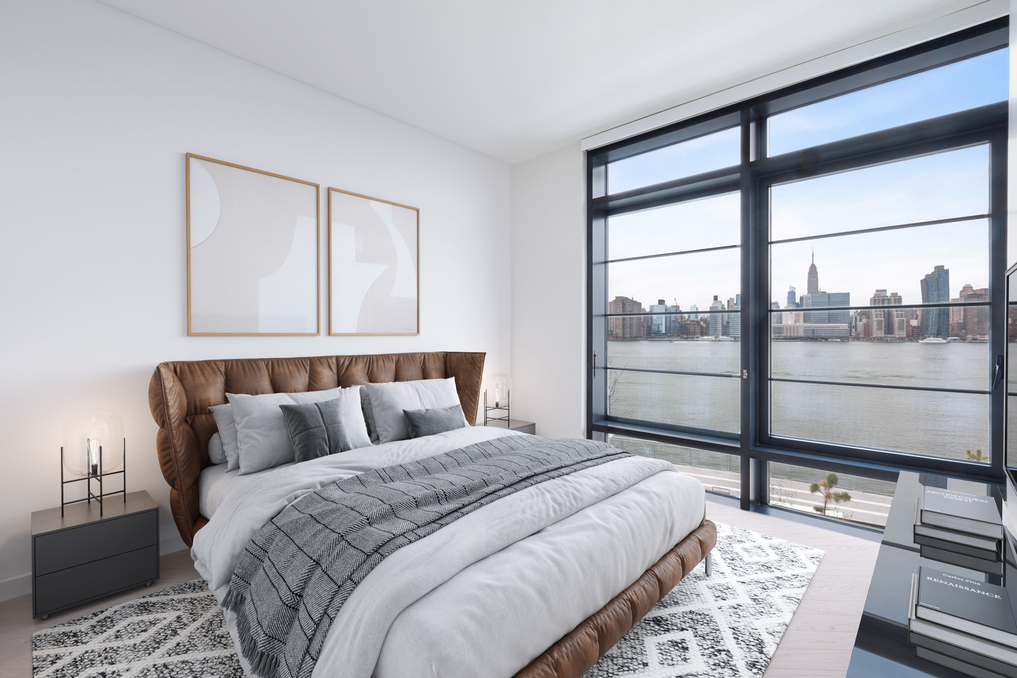 The bedroom at Two Blue Slip apartments in Greenpoint, Brooklyn, New York.