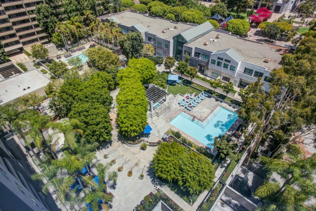 An aerial view of The Met apartments in downtown Los Angeles, California.